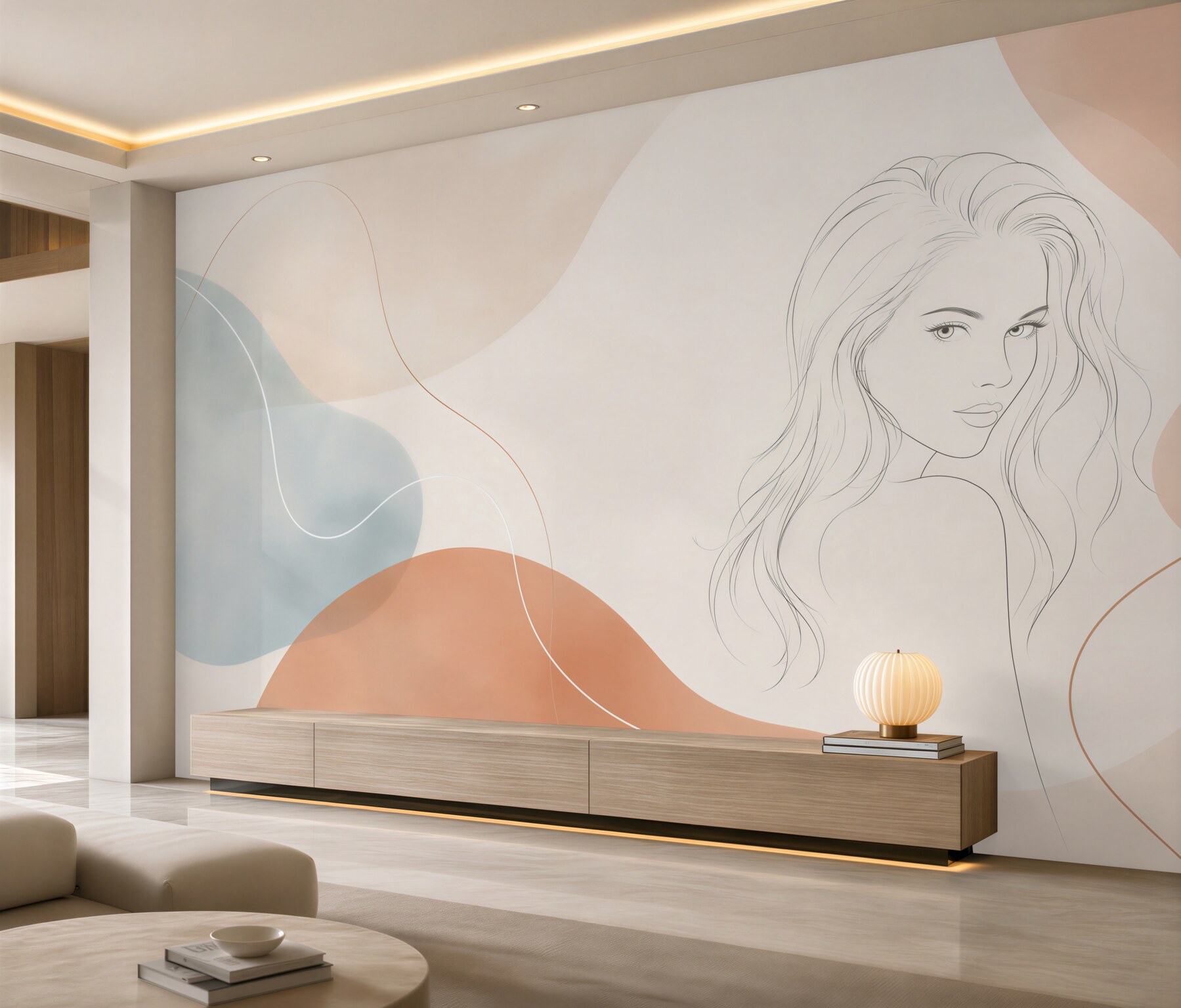 Fototapeta kobieta line art w pastelowych beżach i błękitach nowoczesna?v2345