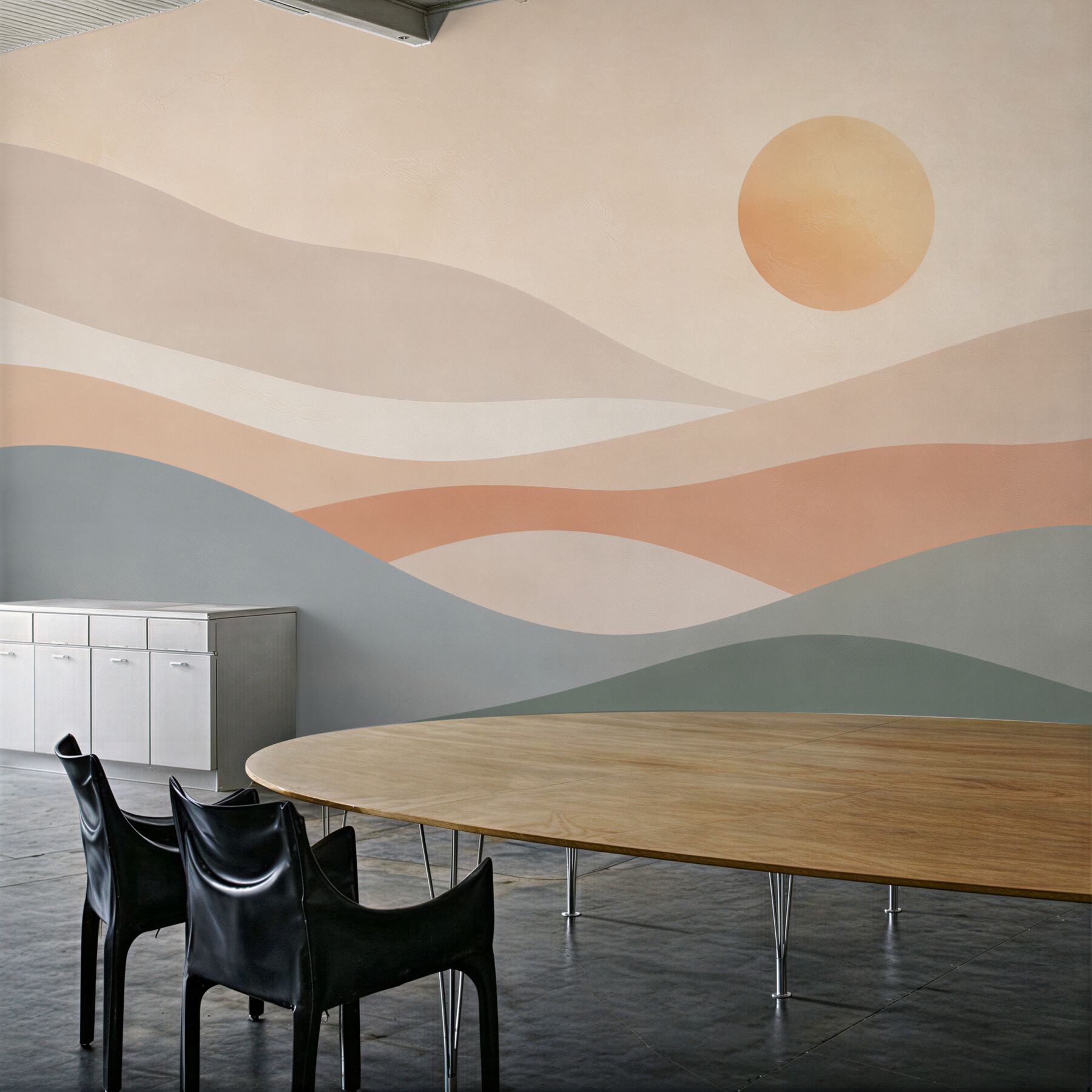 Fototapeta abstrakcyjne pastelowe wzgórza ze słońcem w stylu boho