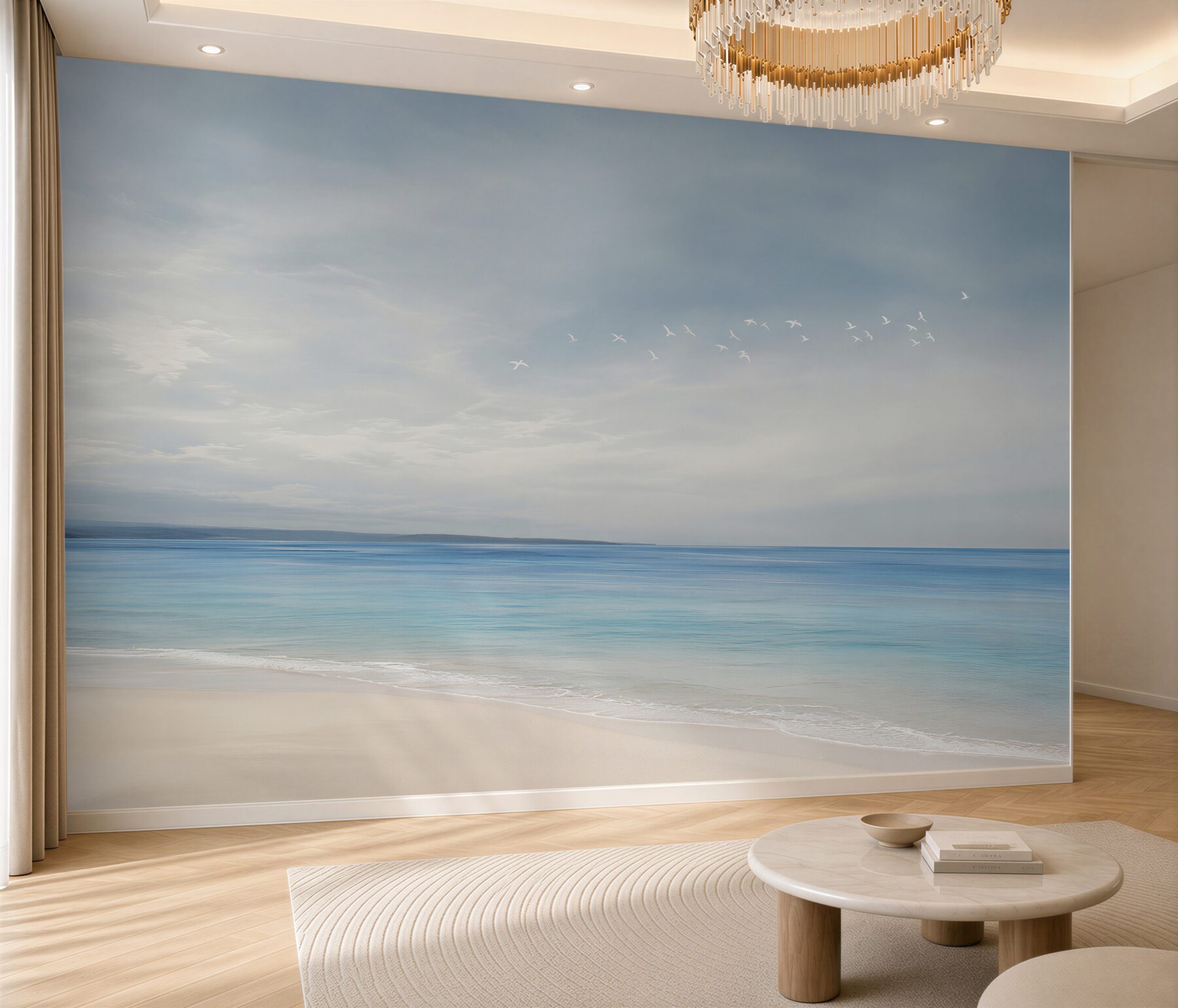 Fototapeta spokojna plaża z morzem i ptakami w pastelowych błękitach?v2345