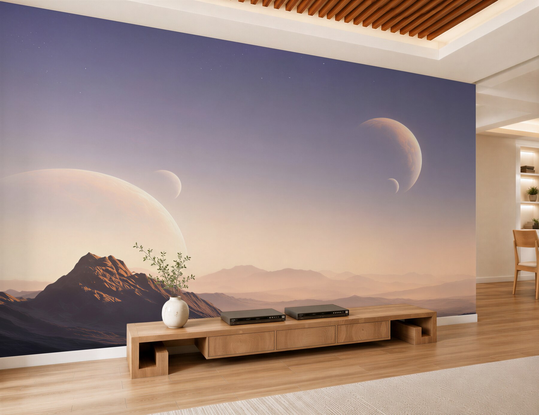 Fototapeta kosmiczny krajobraz z planetami i górami w pastelowych barwach?v2345