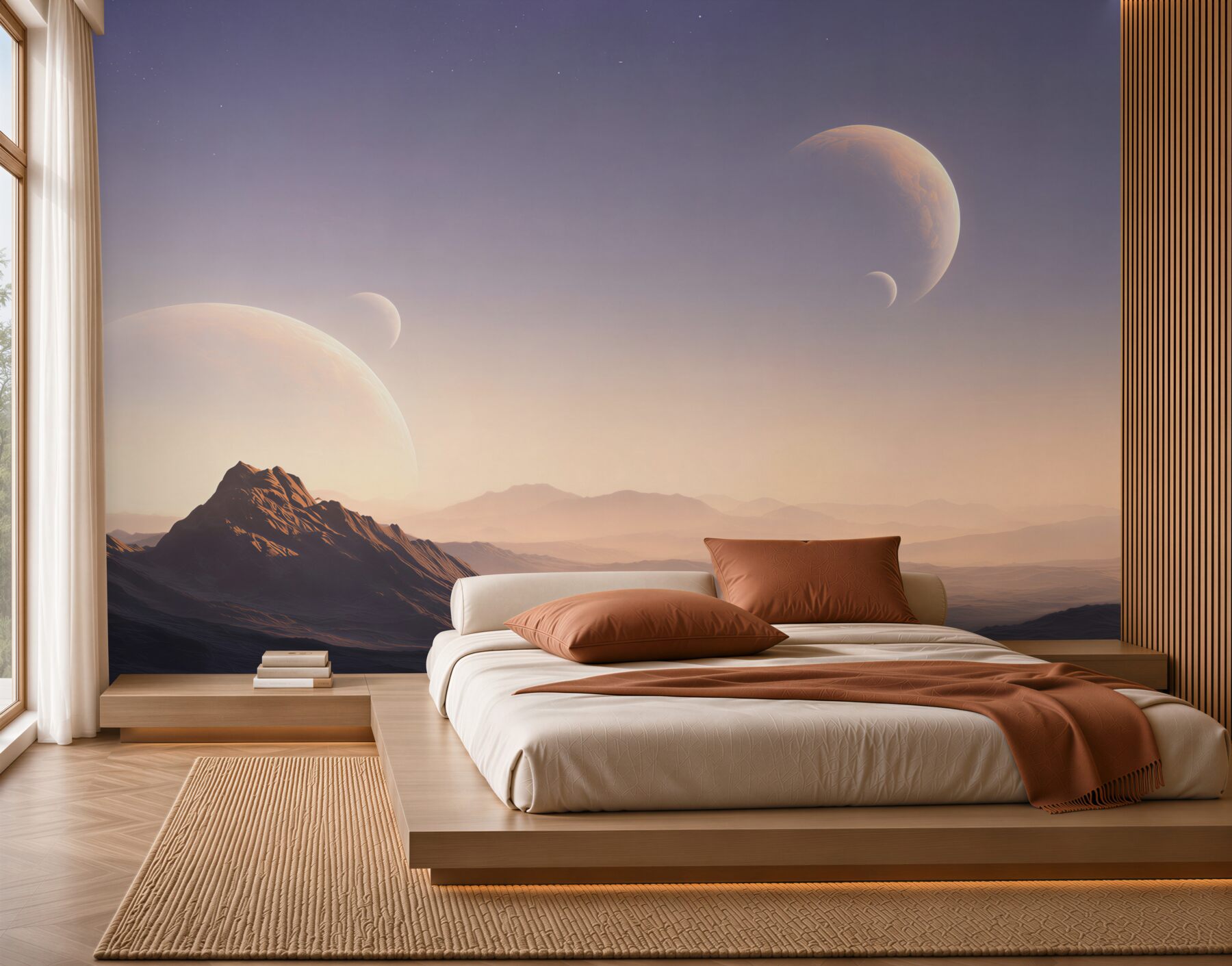 Fototapeta kosmiczny krajobraz z planetami i górami w pastelowych barwach?v2345