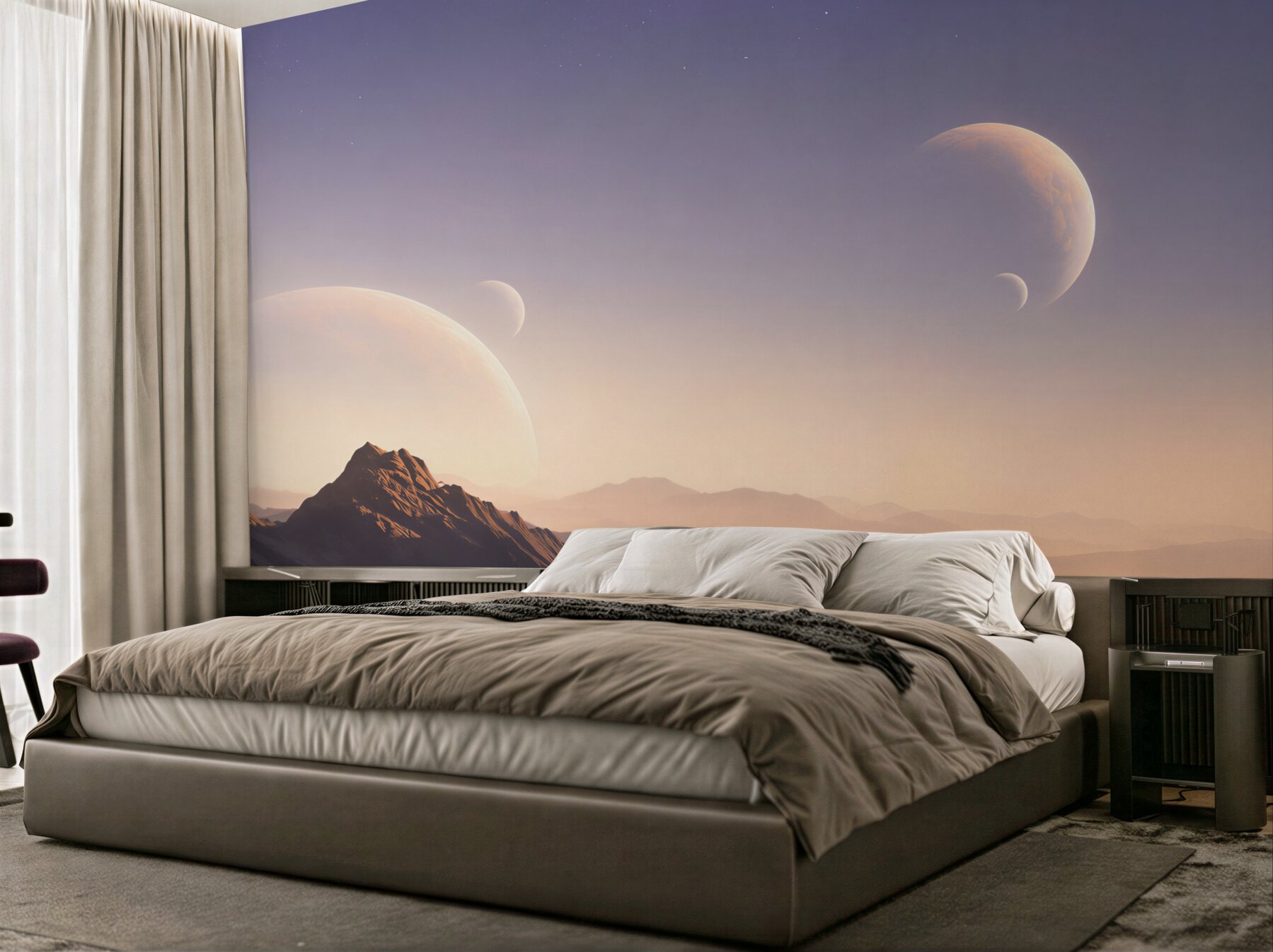 Fototapeta kosmiczny krajobraz z planetami i górami w pastelowych barwach