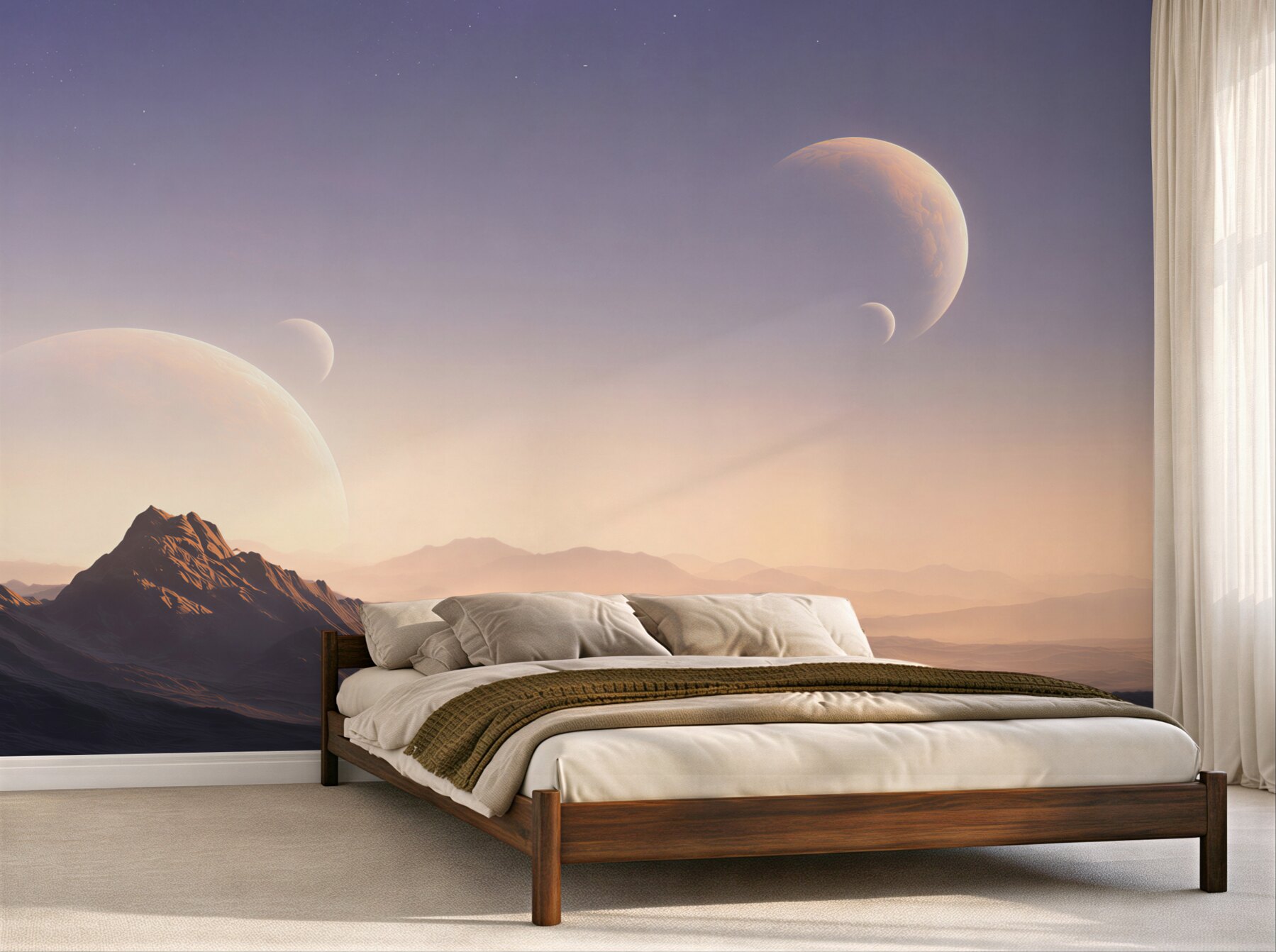 Fototapeta kosmiczny krajobraz z planetami i górami w pastelowych barwach?v2345