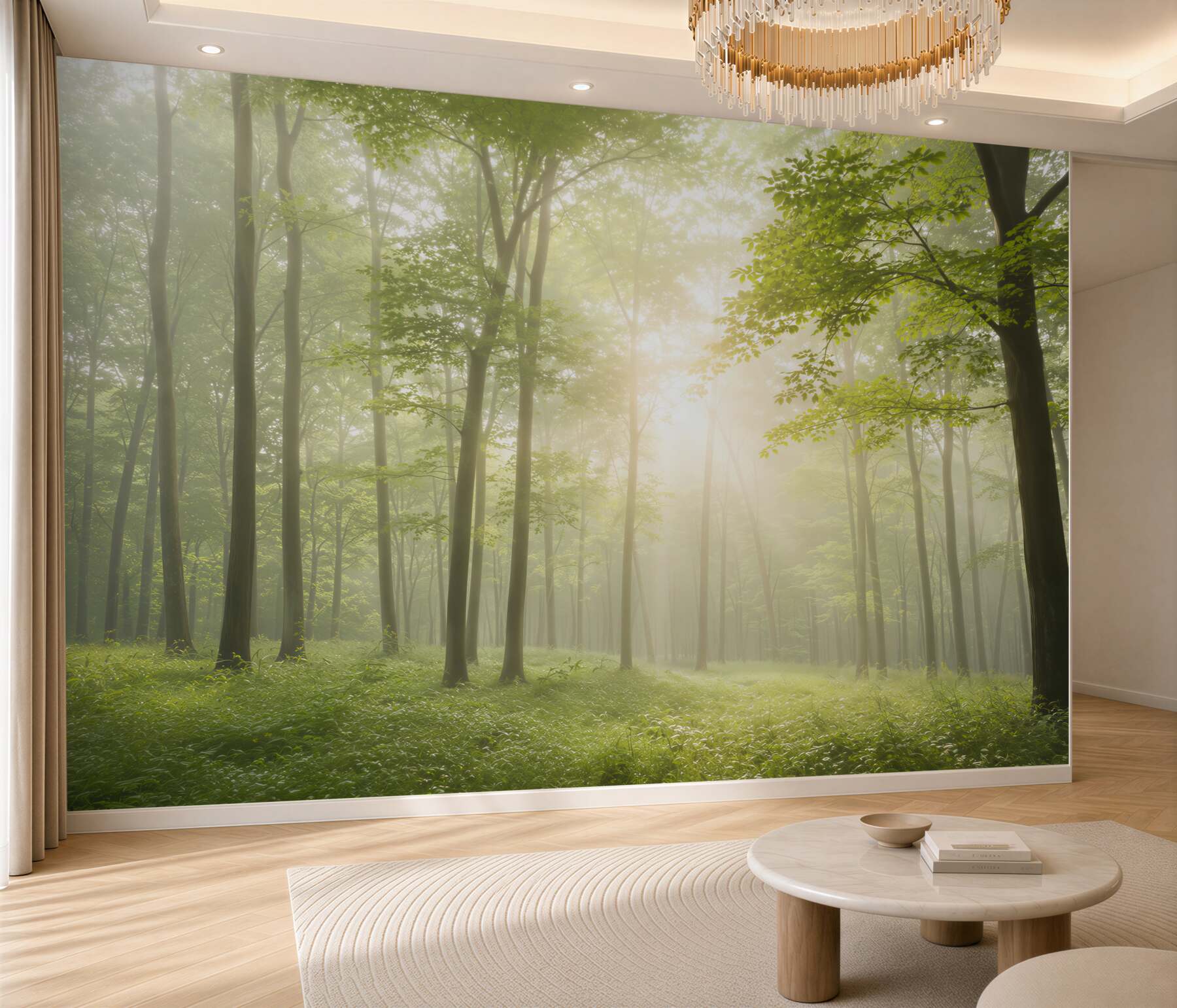 Fototapeta jasny zielony las z poranną mgłą i słońcem?v2345