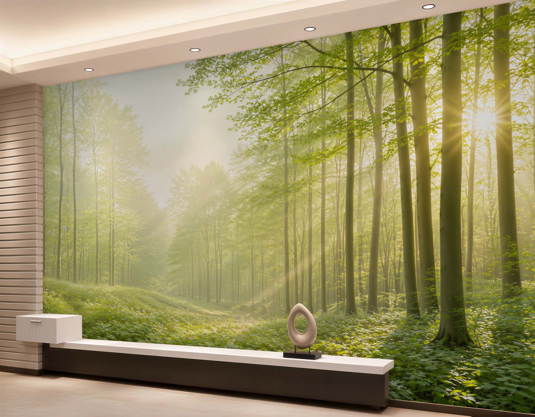 Fototapeta słoneczny zielony las we mgle świeża natura do salonu