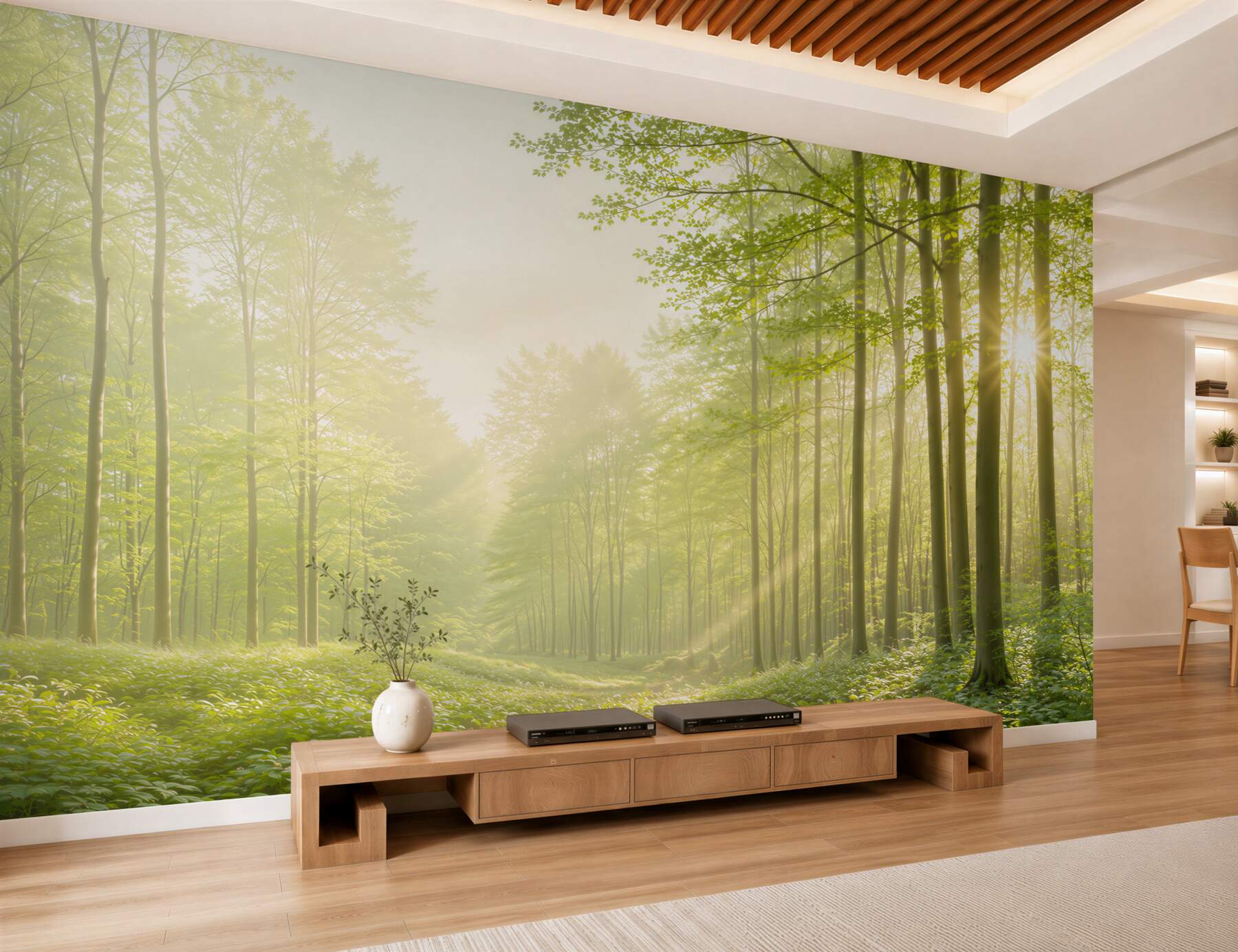 Fototapeta słoneczny zielony las we mgle świeża natura do salonu?v2345