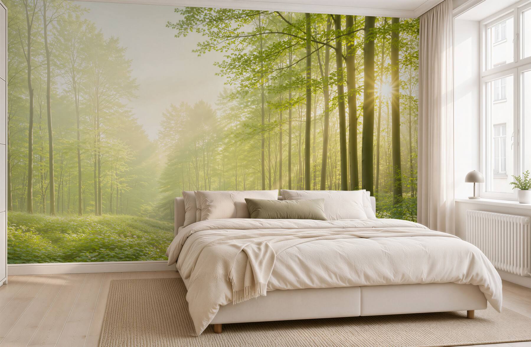 Fototapeta słoneczny zielony las we mgle świeża natura do salonu?v2345