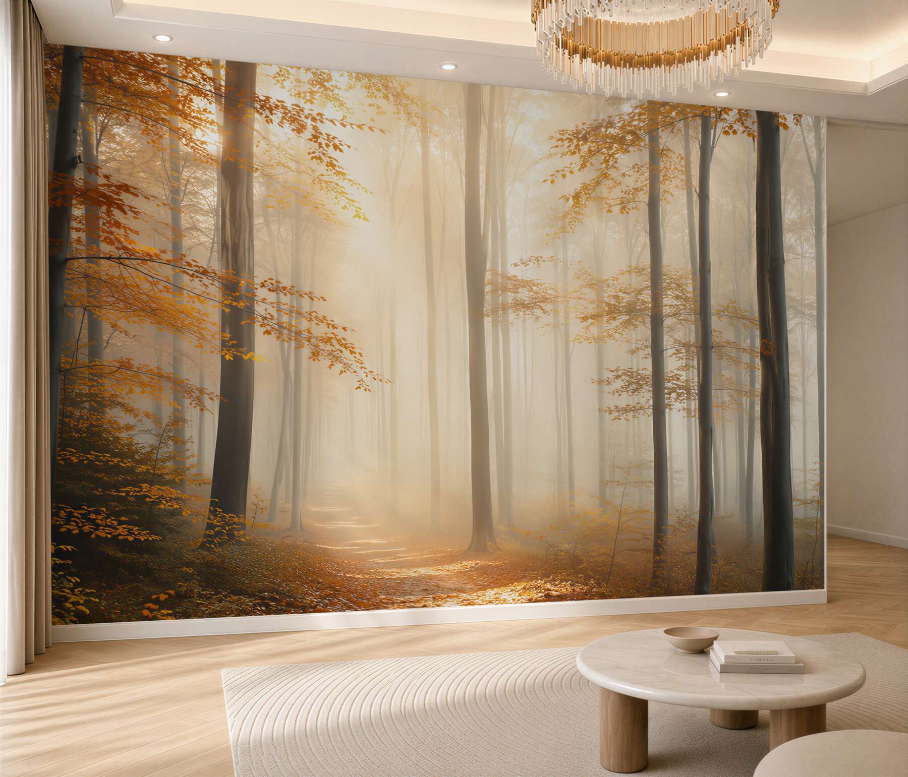 Fototapeta mglisty jesienny las ze ścieżką w złotych barwach?v2345