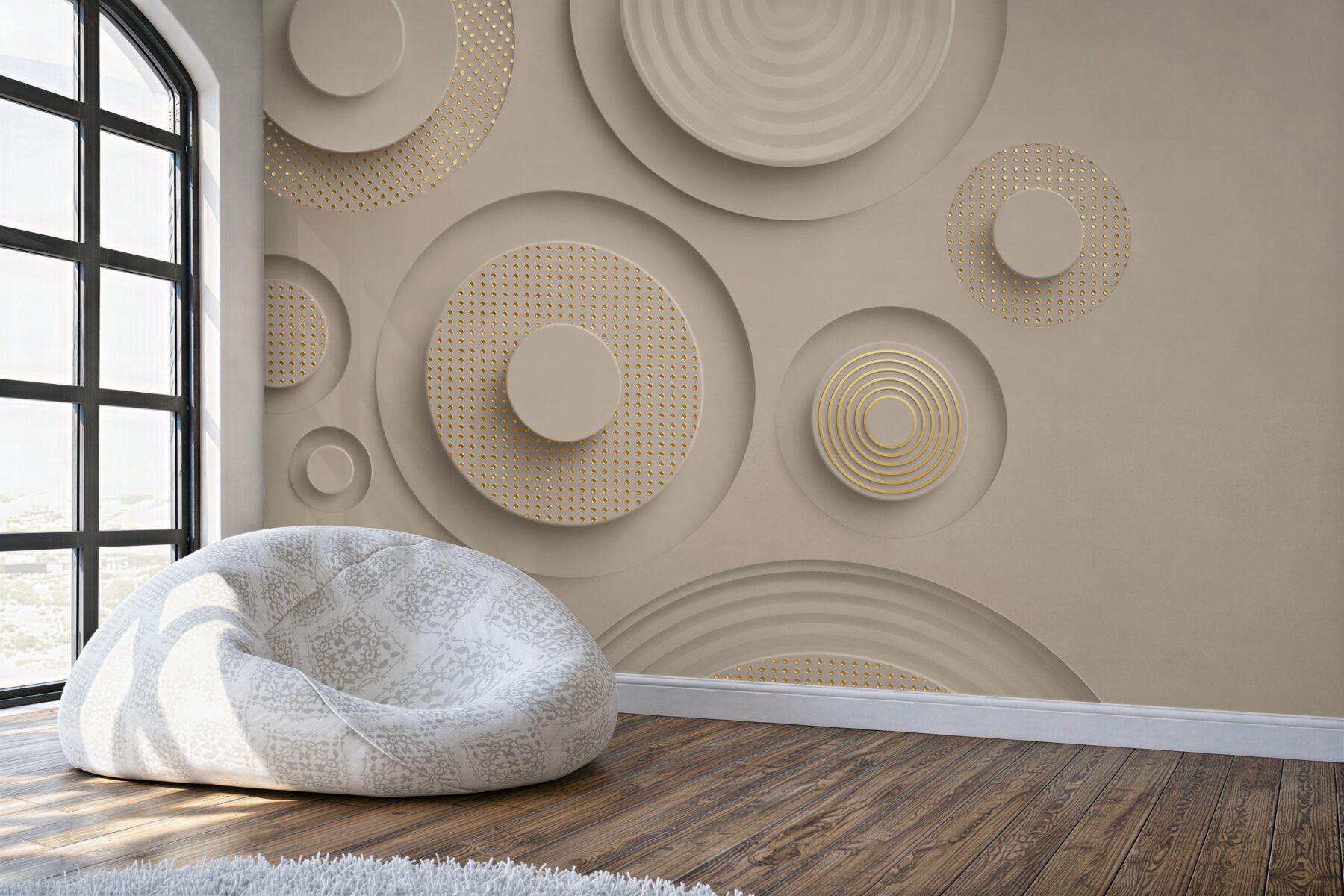Fototapeta geometryczne koła 3D beżowe ze złotymi detalami?v2345