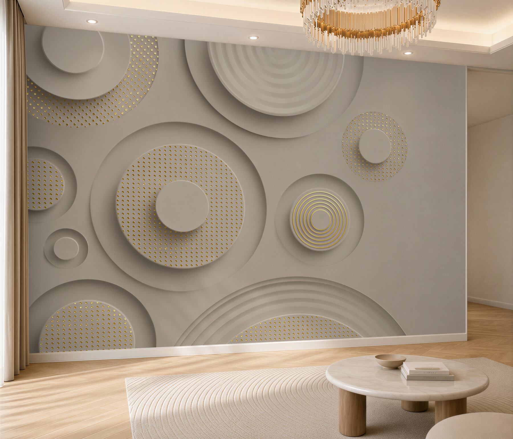 Fototapeta geometryczne koła 3D beżowe ze złotymi detalami?v2345