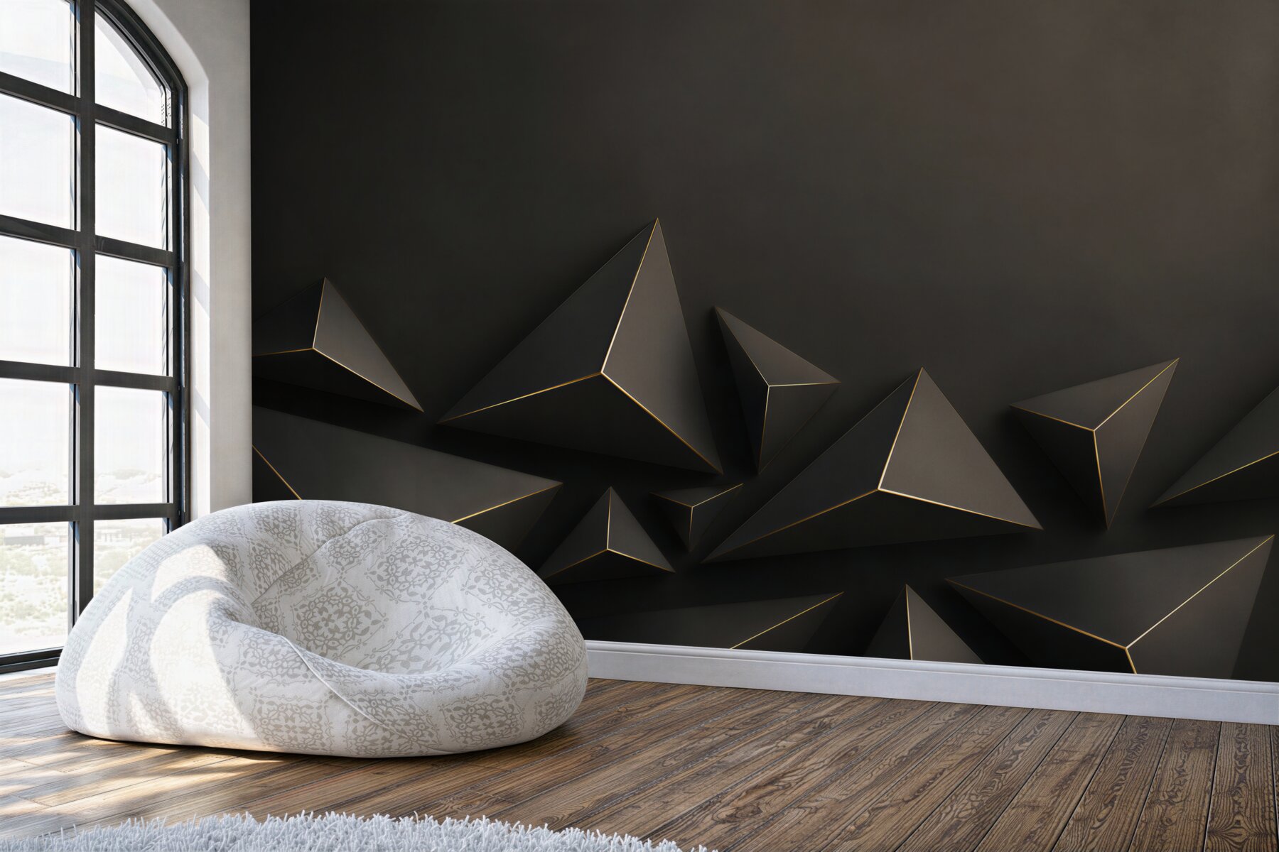 Fototapeta czarne piramidy 3D geometryczne z subtelną złotą linią?v2345