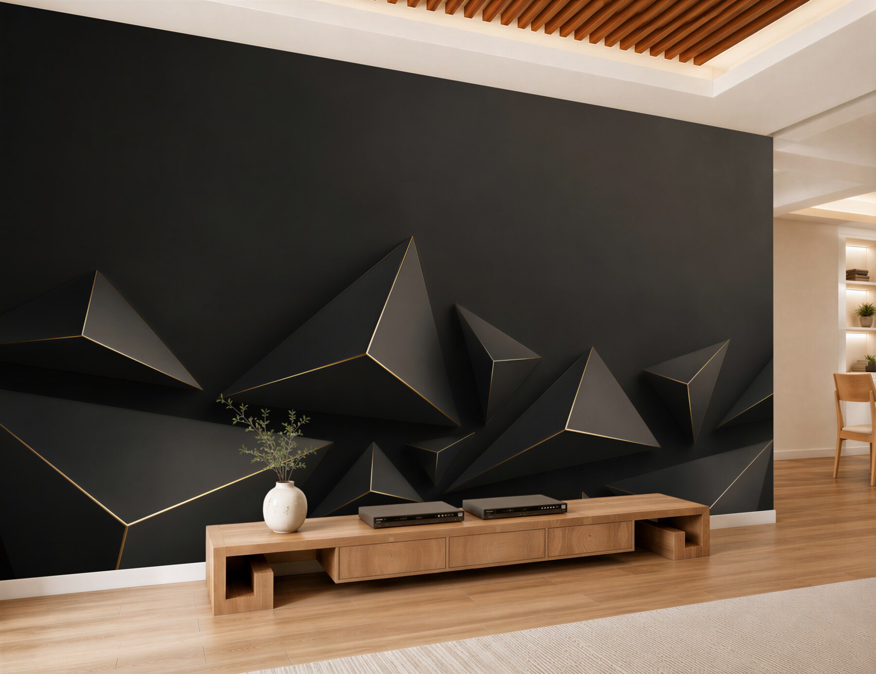 Fototapeta czarne piramidy 3D geometryczne z subtelną złotą linią?v2345