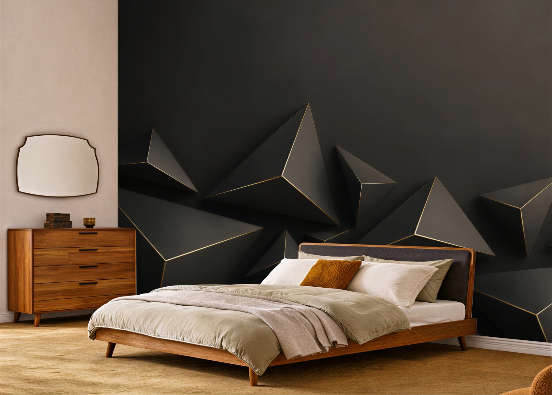 Fototapeta czarne piramidy 3D geometryczne z subtelną złotą linią