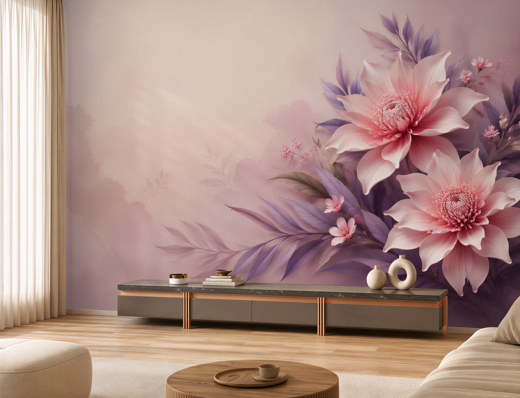 Fototapeta różowe kwiaty z fioletowymi liśćmi subtelna elegancja?v2345