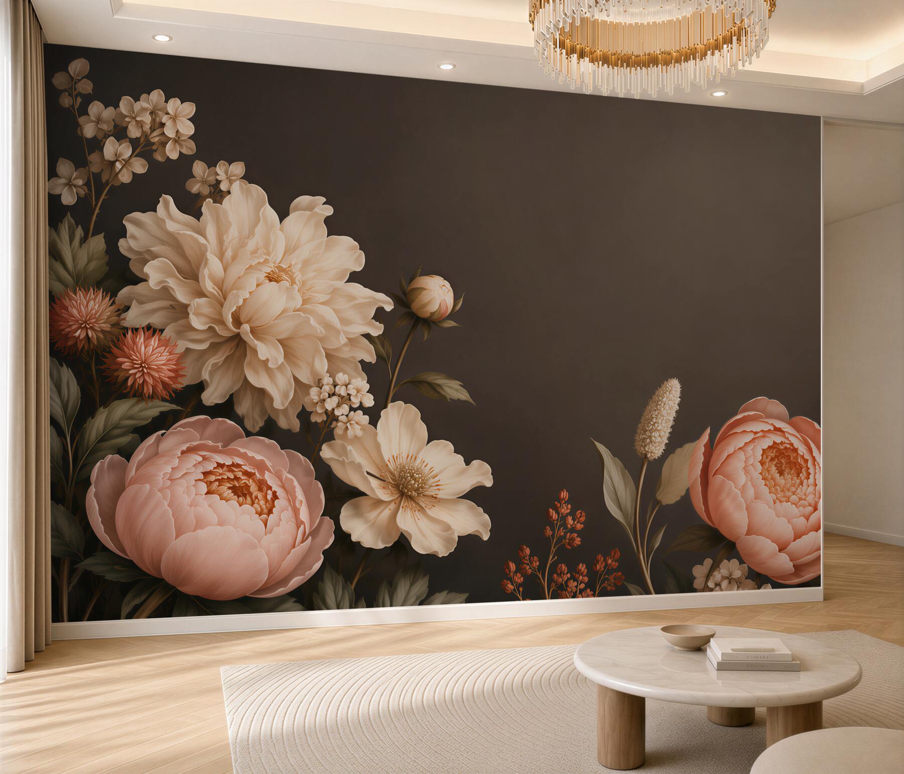 Fototapeta kwiaty piwonie beżowo brzoskwiniowe na ciemnym tle eleganckie?v2345