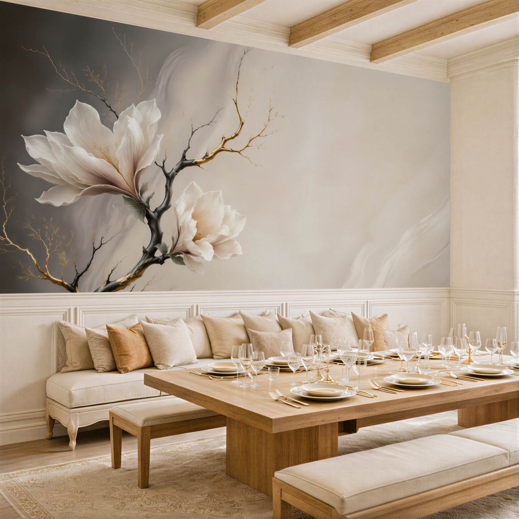 Fototapeta magnolie na czarnych gałęziach ze złotymi akcentami?v2345