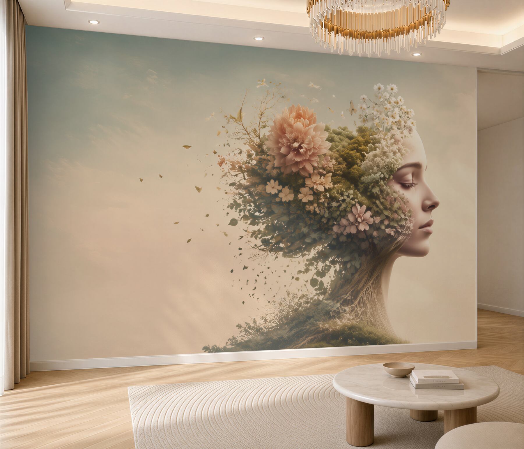 Fototapeta kobieta z kwiatami i roślinami w surrealistycznym stylu?v2345