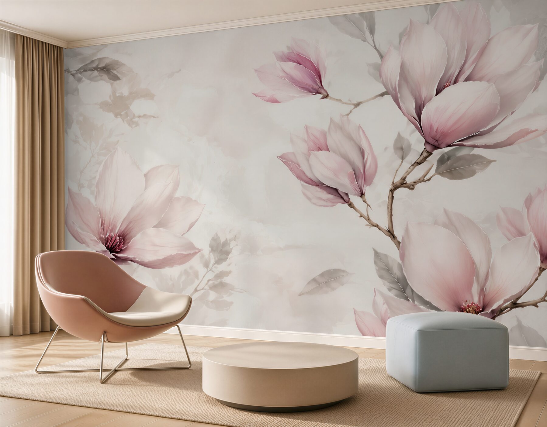 Fototapeta magnolie pudrowo różowe na gałęziach w stylu akwareli?v2345