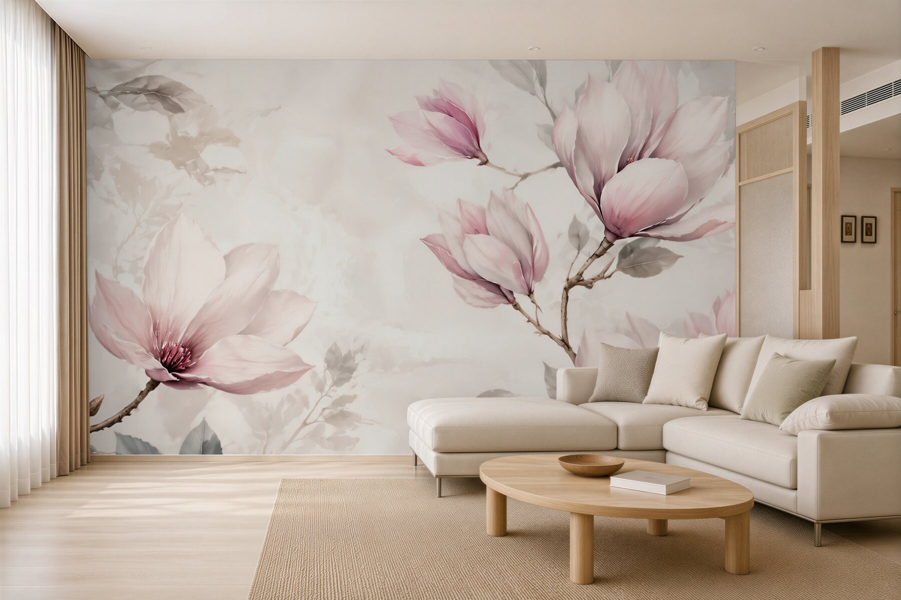 Fototapeta magnolie pudrowo różowe na gałęziach w stylu akwareli?v2345