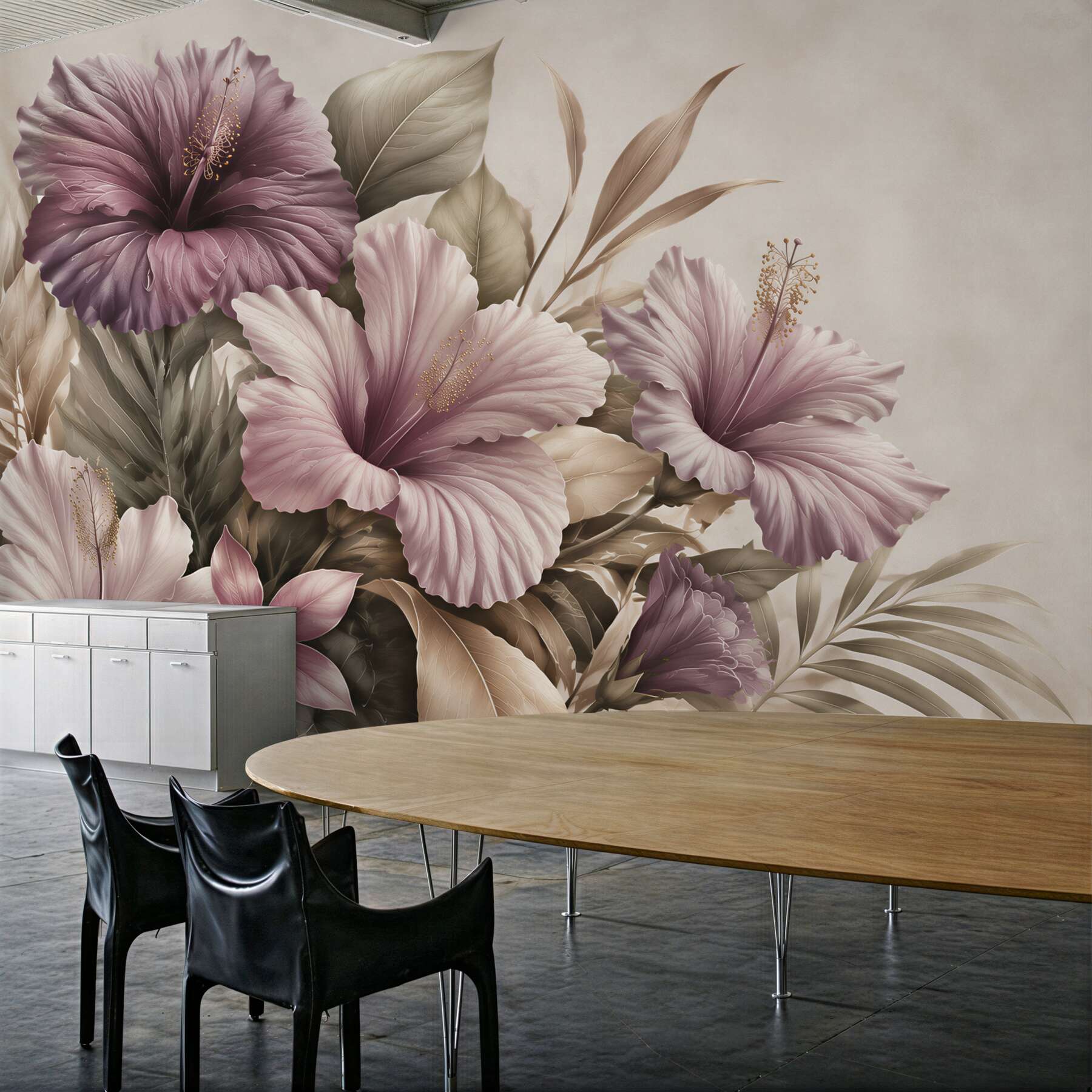 Fototapeta hibiskusy pudrowo fioletowe z beżowymi liśćmi?v2345