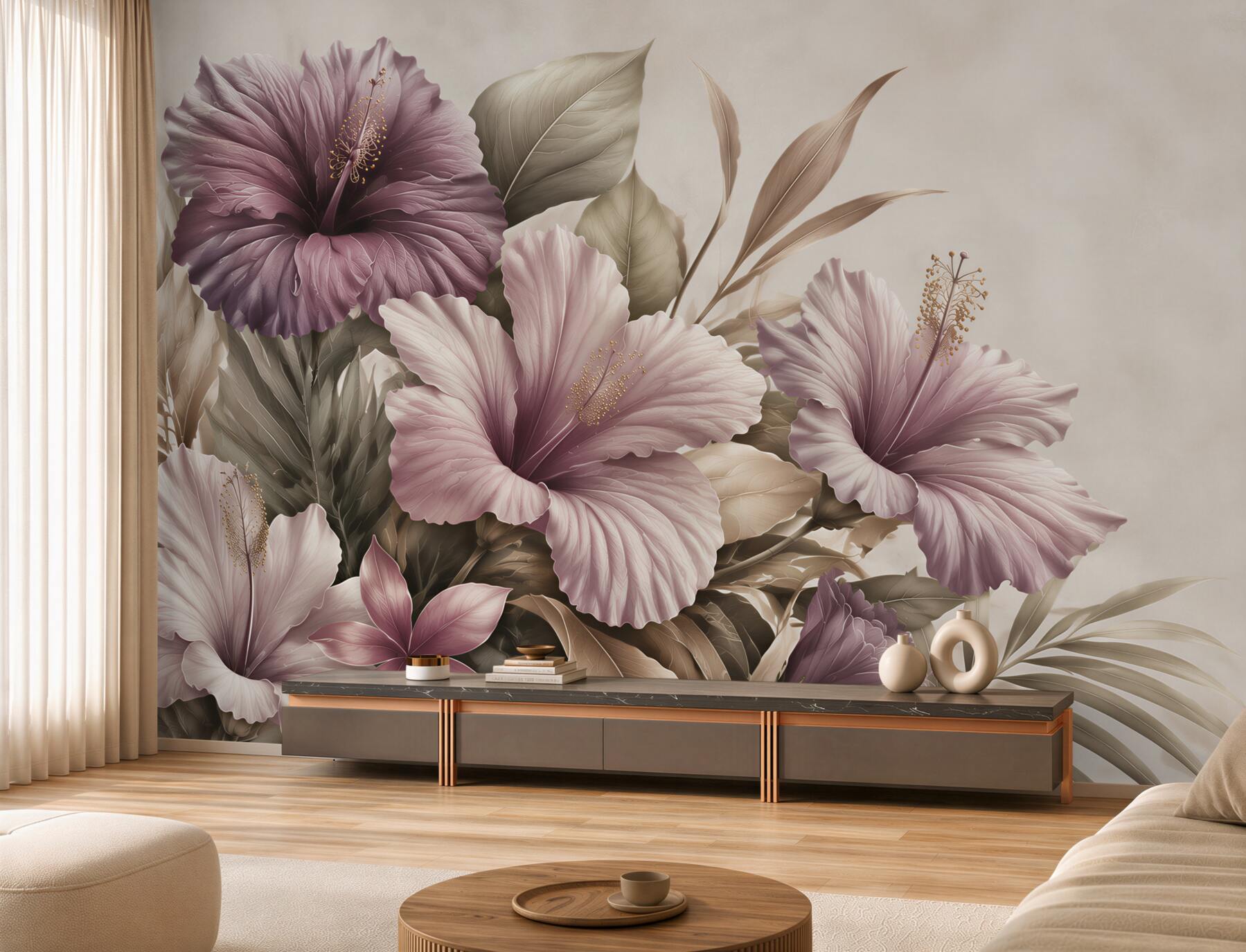 Fototapeta hibiskusy pudrowo fioletowe z beżowymi liśćmi?v2345