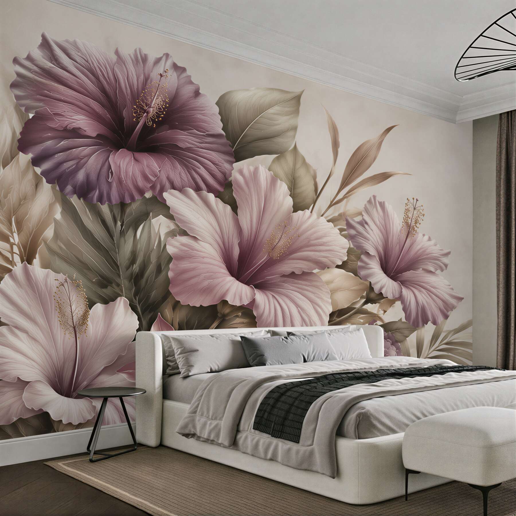Fototapeta hibiskusy pudrowo fioletowe z beżowymi liśćmi?v2345