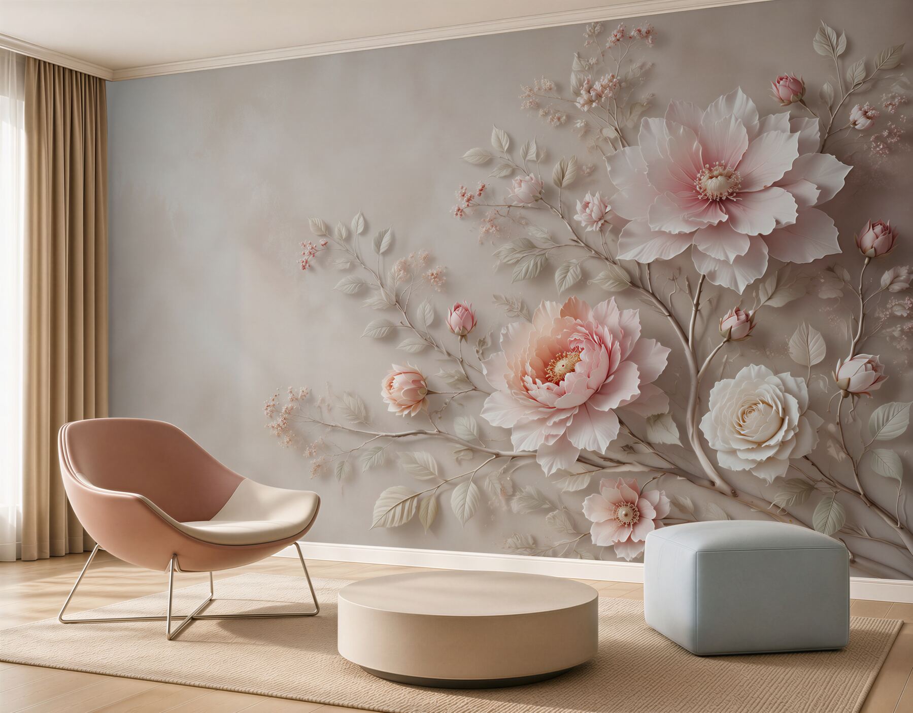Fototapeta jasnoróżowe peonie i róże na beżowym tle elegancka?v2345