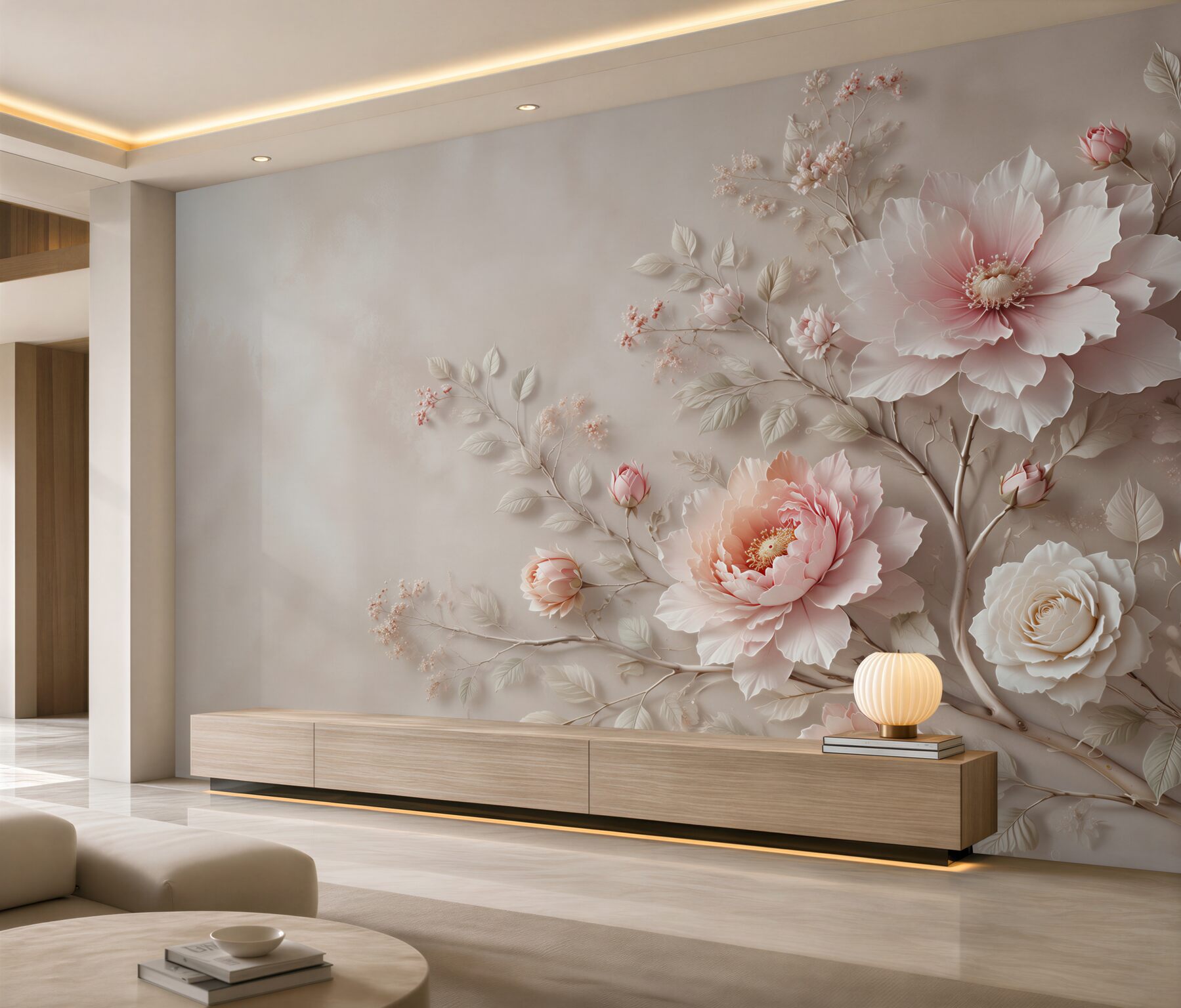 Fototapeta jasnoróżowe peonie i róże na beżowym tle elegancka?v2345