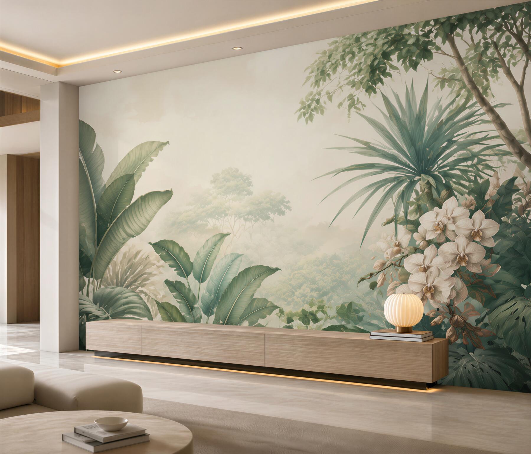 Fototapeta tropikalne liście i białe orchidee w stylu botanicznym?v2345