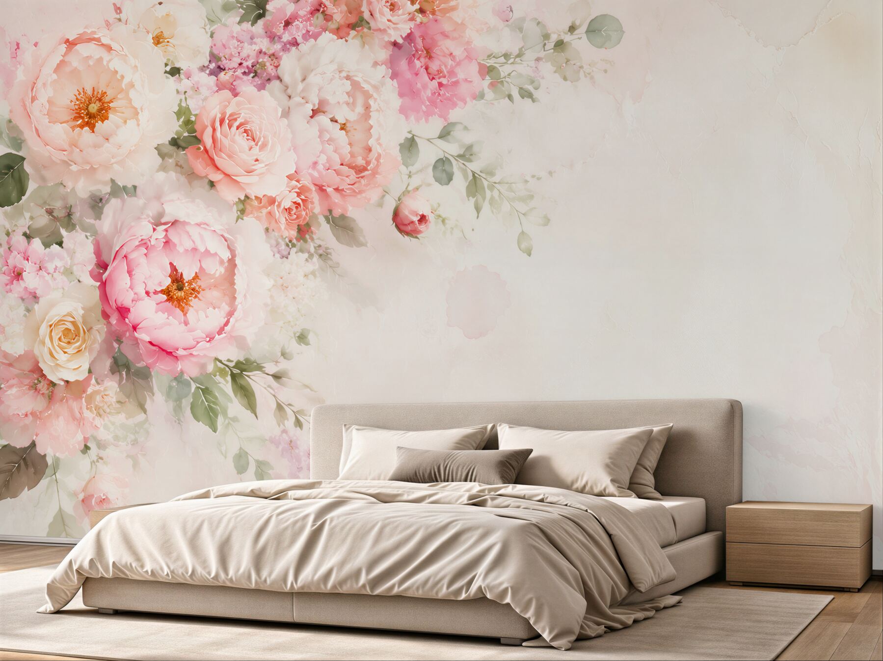 Fototapeta kwiaty peonie i róże pastelowe na jasnym tle