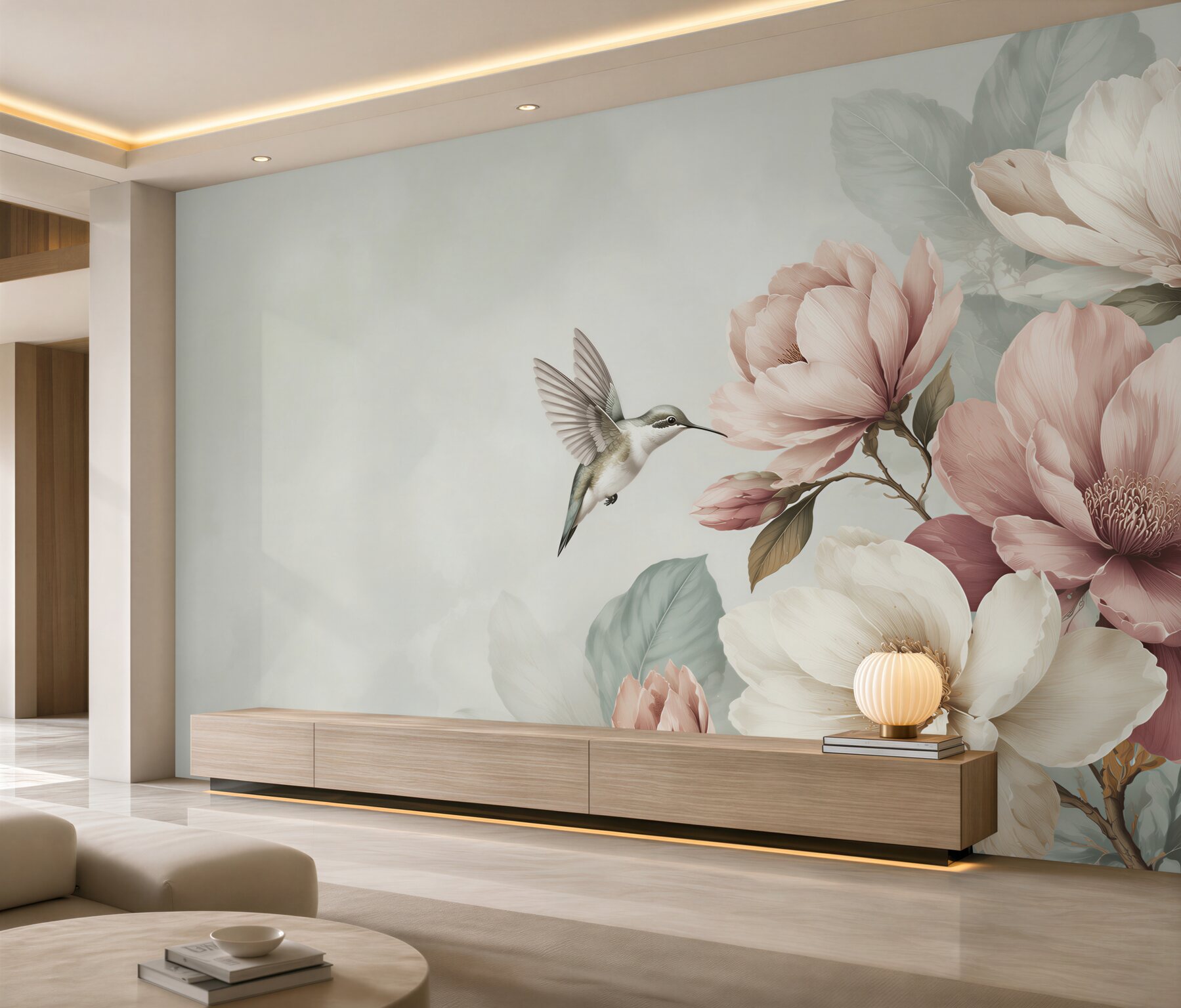 Fototapeta koliber i pastelowe magnolie w pudrowym różu?v2345