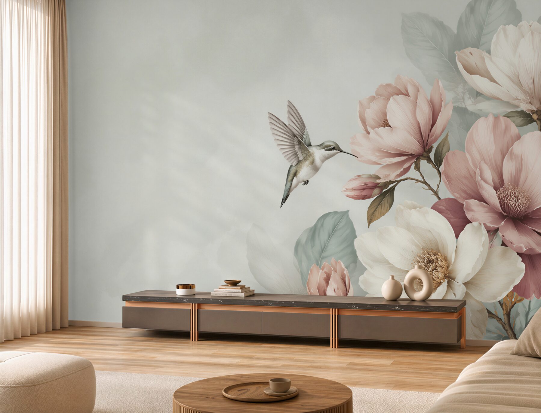 Fototapeta koliber i pastelowe magnolie w pudrowym różu?v2345