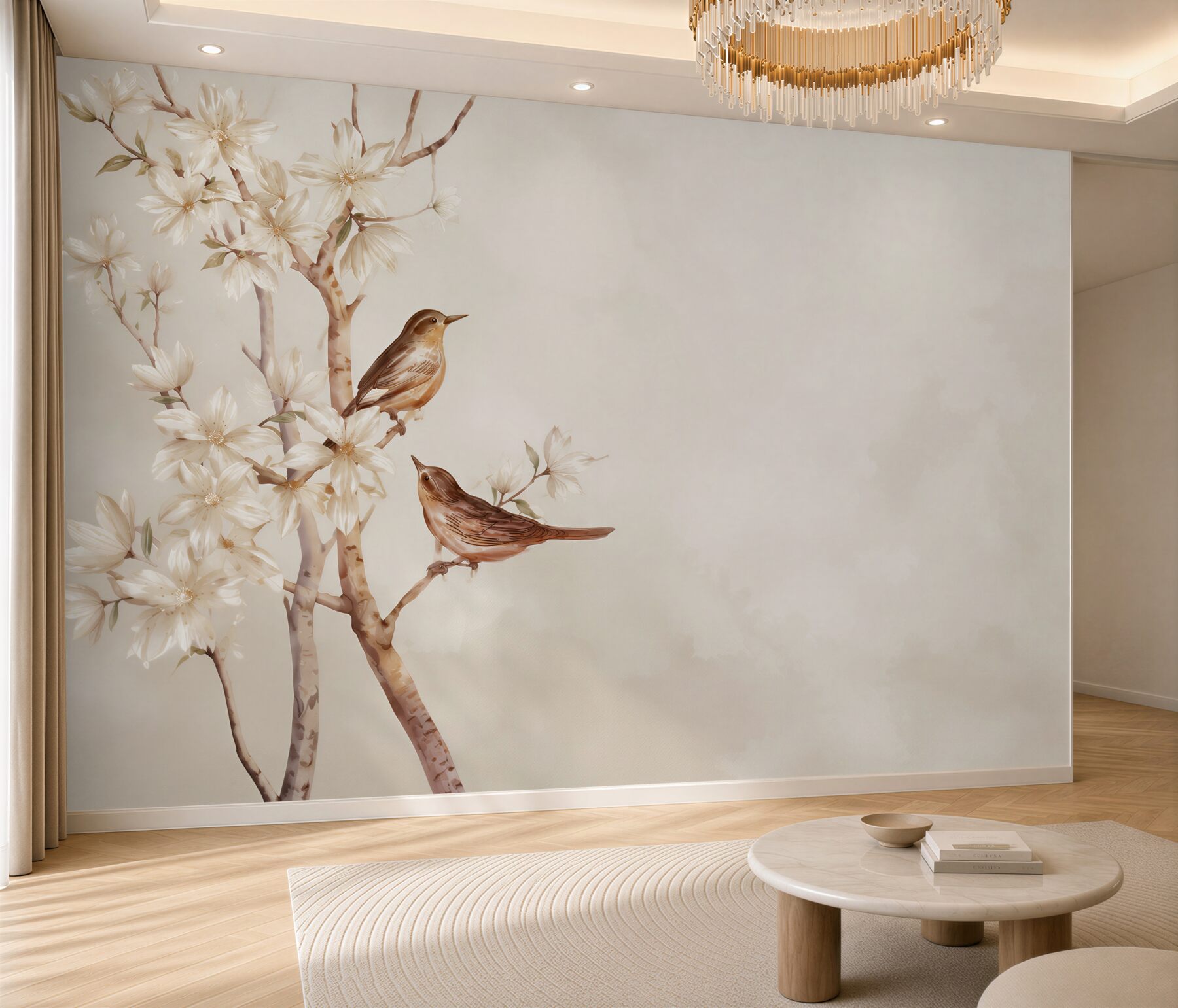 Fototapeta ptaki na kwitnącej gałęzi magnolii beżowa pastelowa?v2345