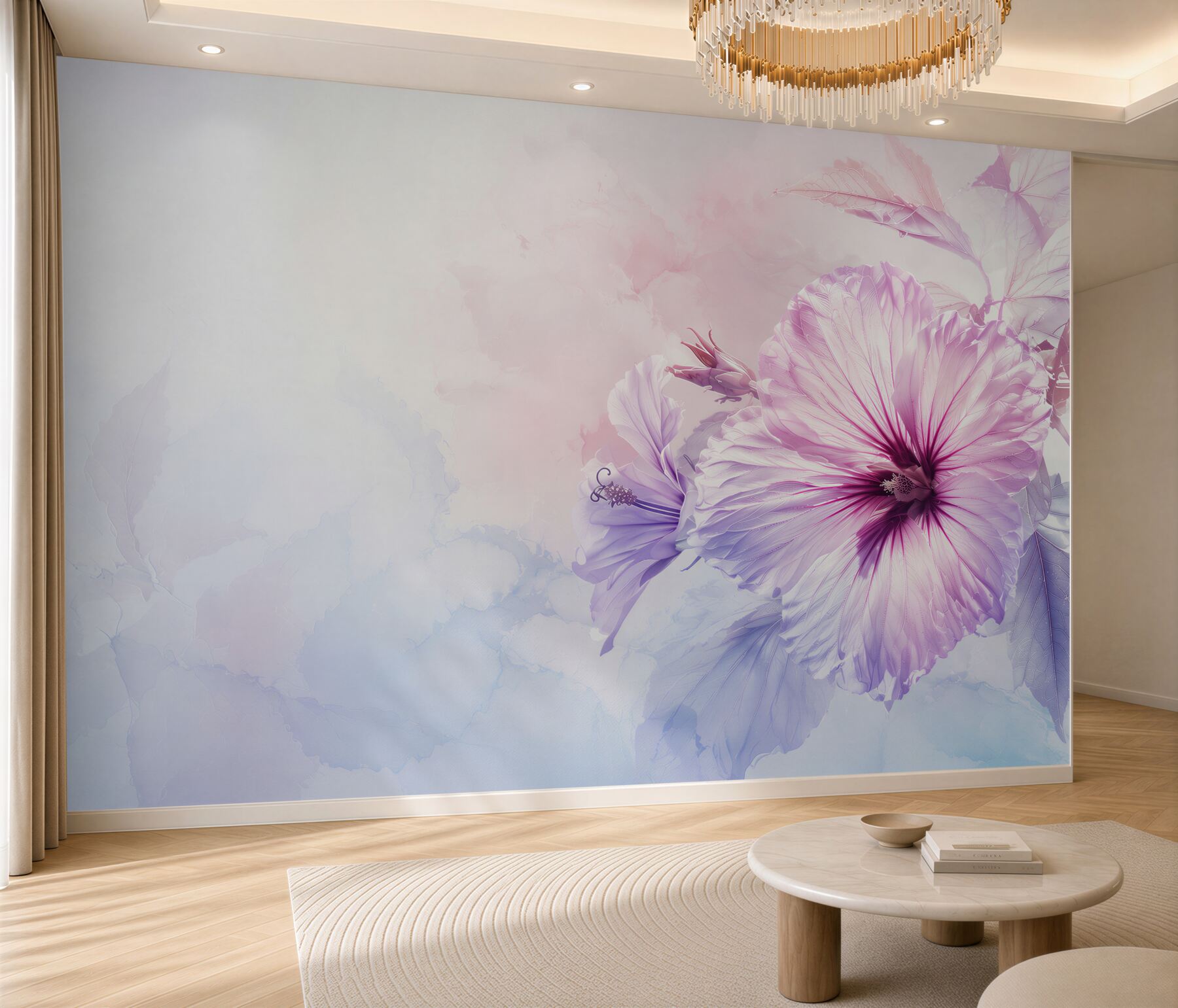 Fototapeta hibiskus różowo fioletowy w pastelowej akwareli?v2345