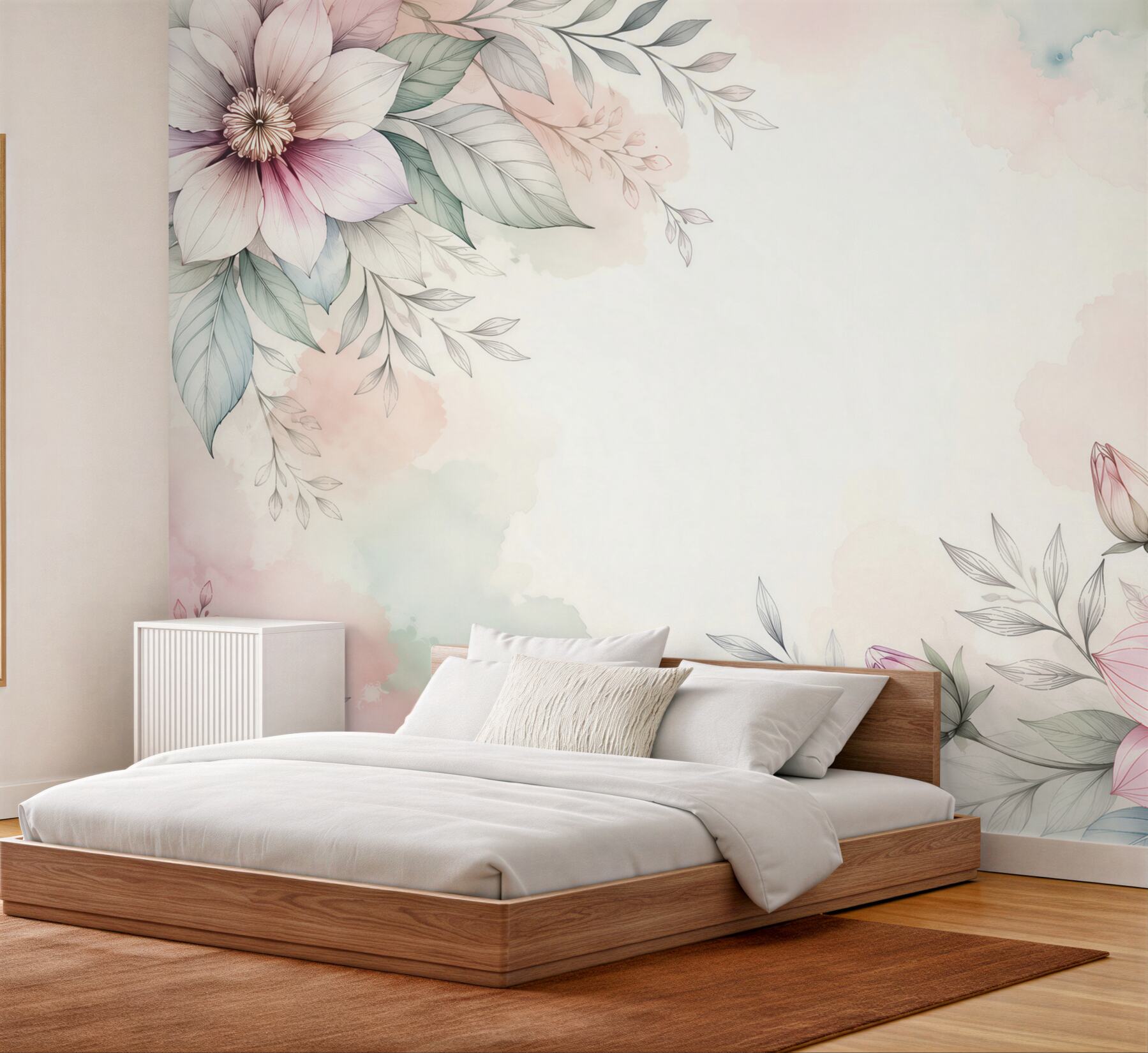 Fototapeta kwiaty pastelowe z liśćmi subtelna botaniczna kompozycja?v2345