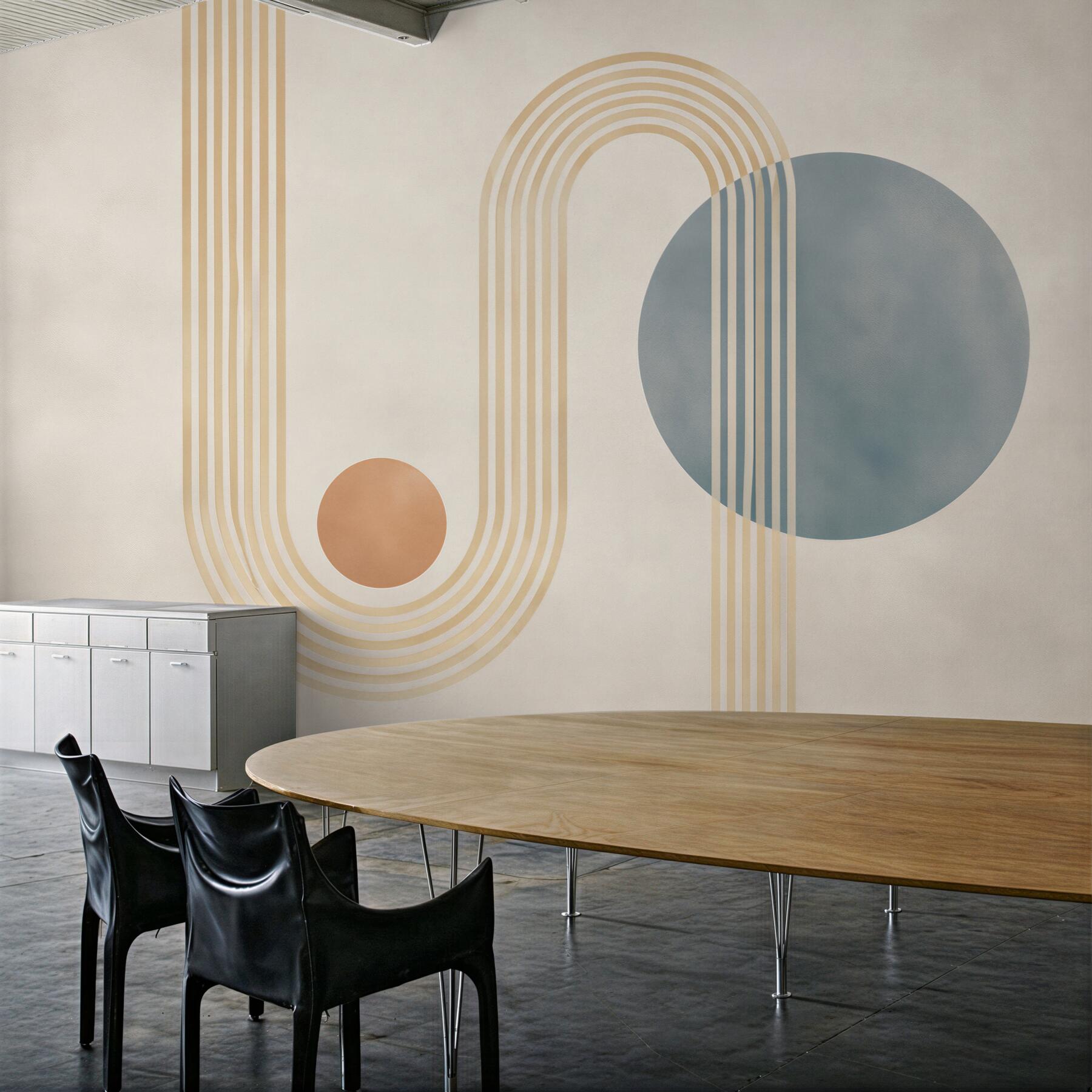 Fototapeta geometryczne łuki i koła beżowo niebieskie retro abstrakcja?v2345