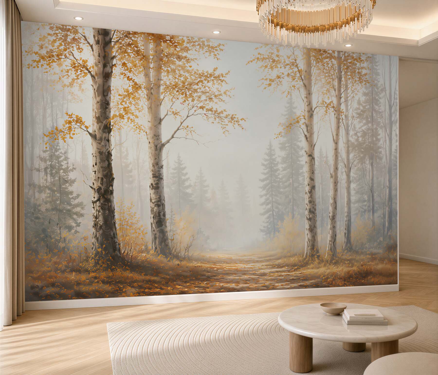 Fototapeta brzozowy las jesienny we mgle spokojna leśna ścieżka?v2345