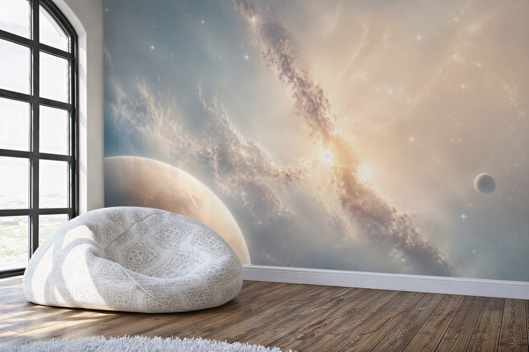 Fototapeta kosmos z planetami i mgławicą w jasnych pastelach?v2345