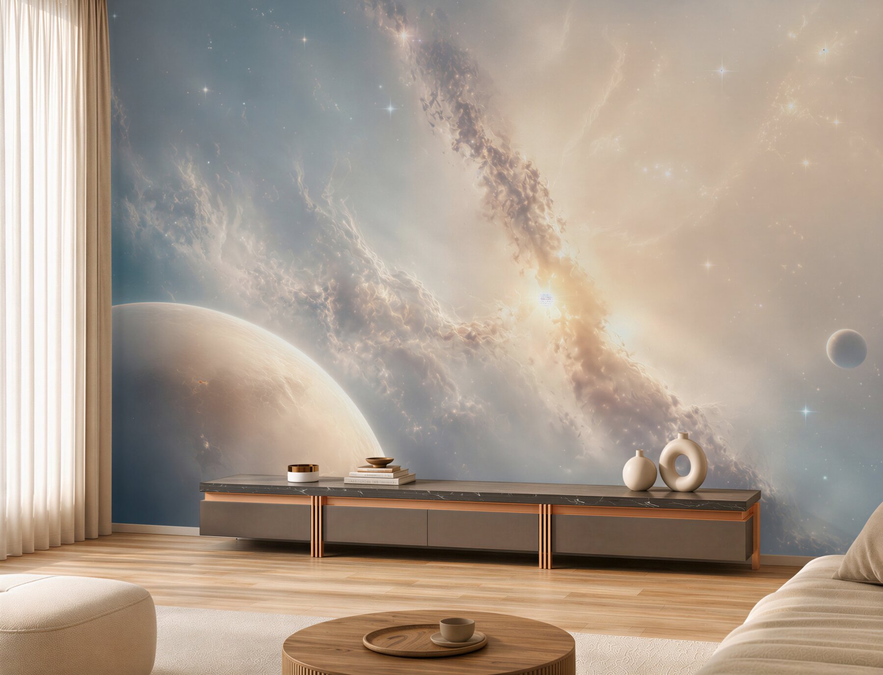 Fototapeta kosmos z planetami i mgławicą w jasnych pastelach?v2345