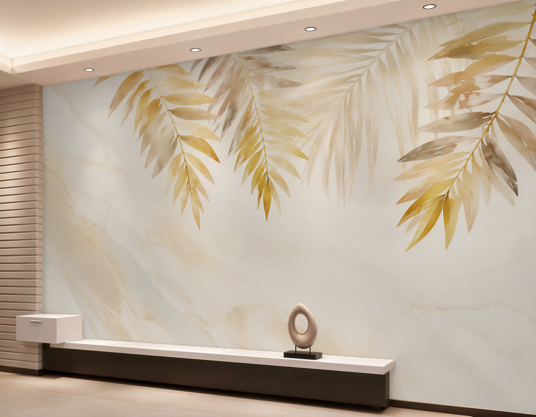 Fototapeta złote liście palmowe na jasnym marmurze elegancka tropical?v2345