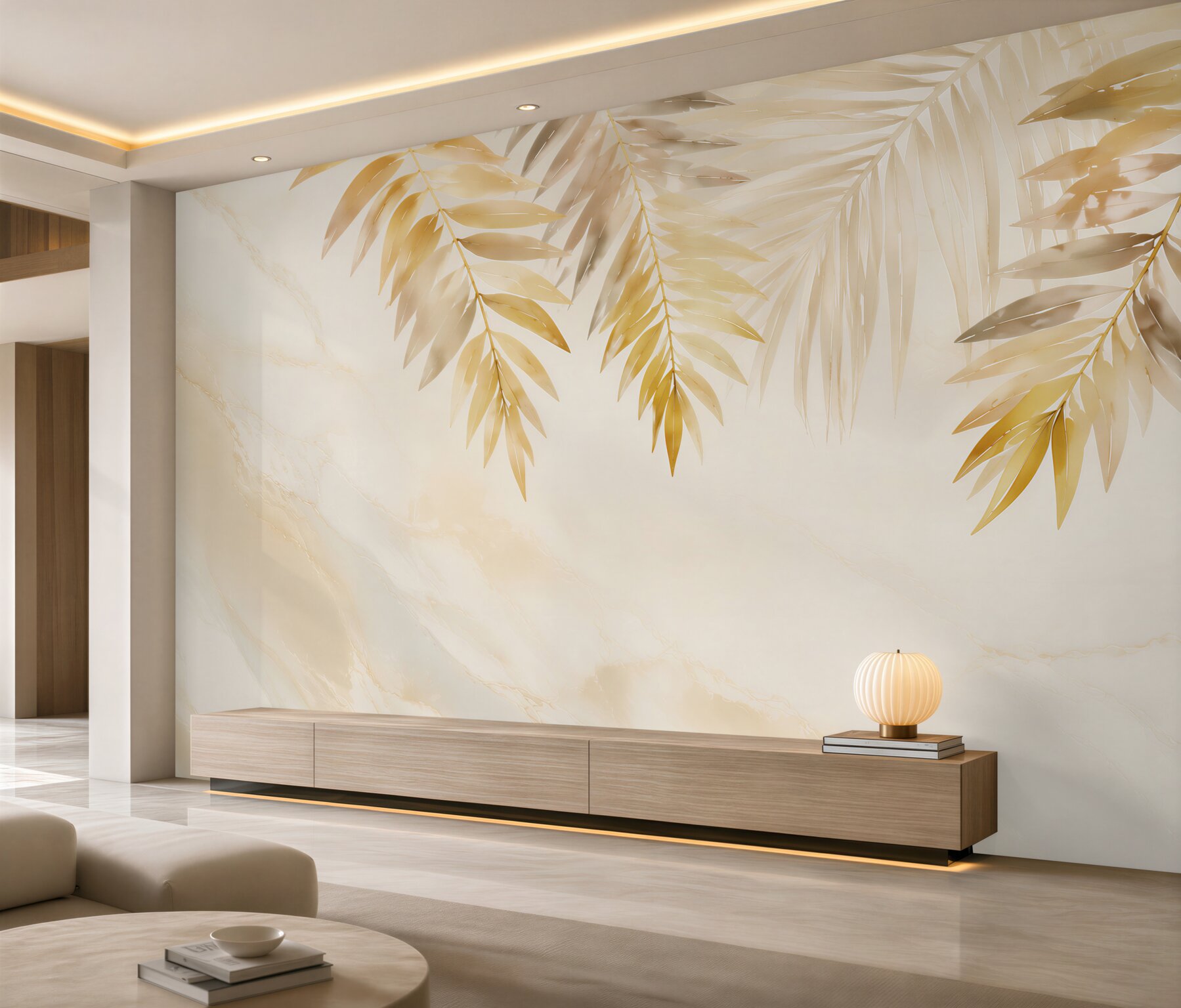 Fototapeta złote liście palmowe na jasnym marmurze elegancka tropical?v2345