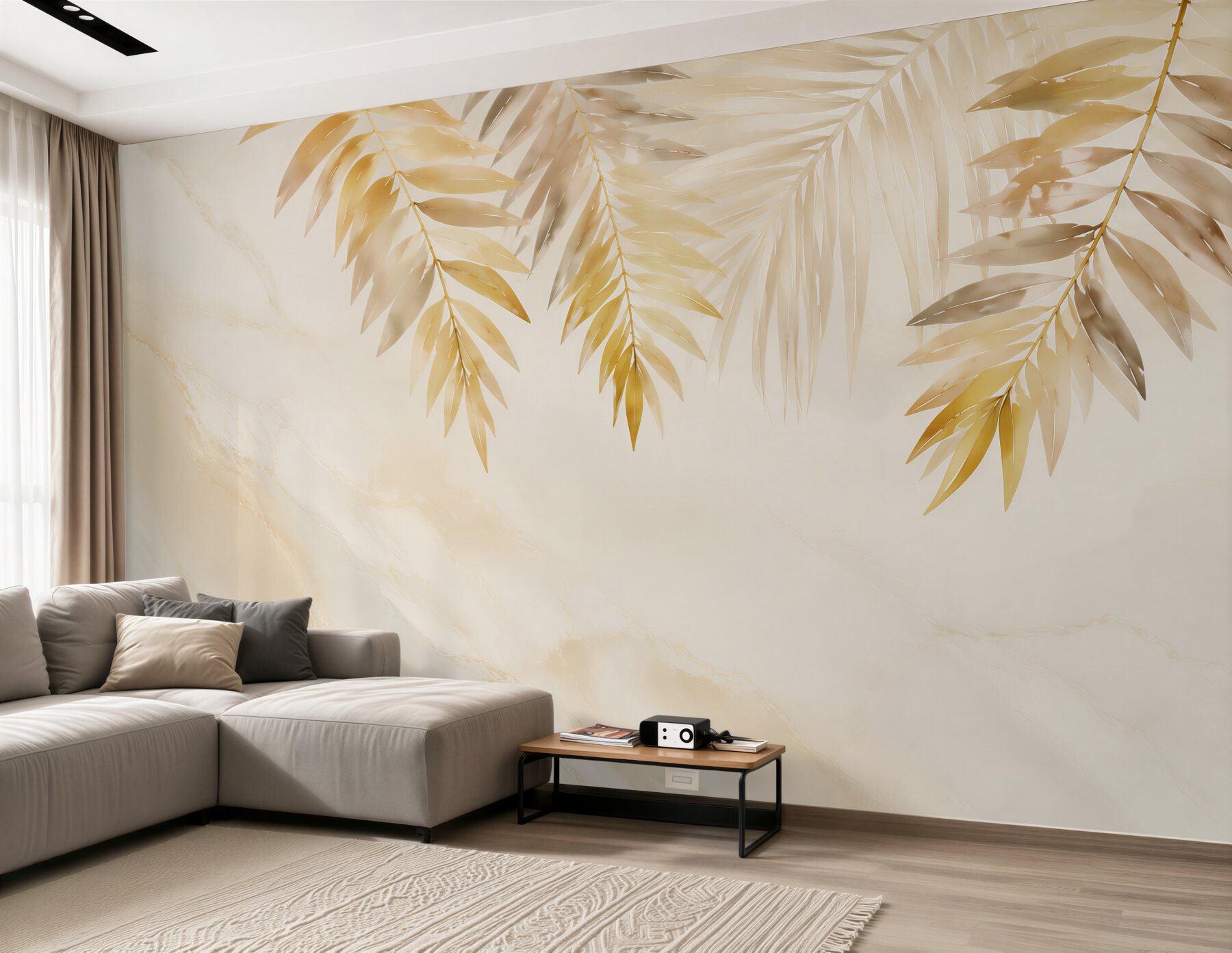 Fototapeta złote liście palmowe na jasnym marmurze elegancka tropical?v2345