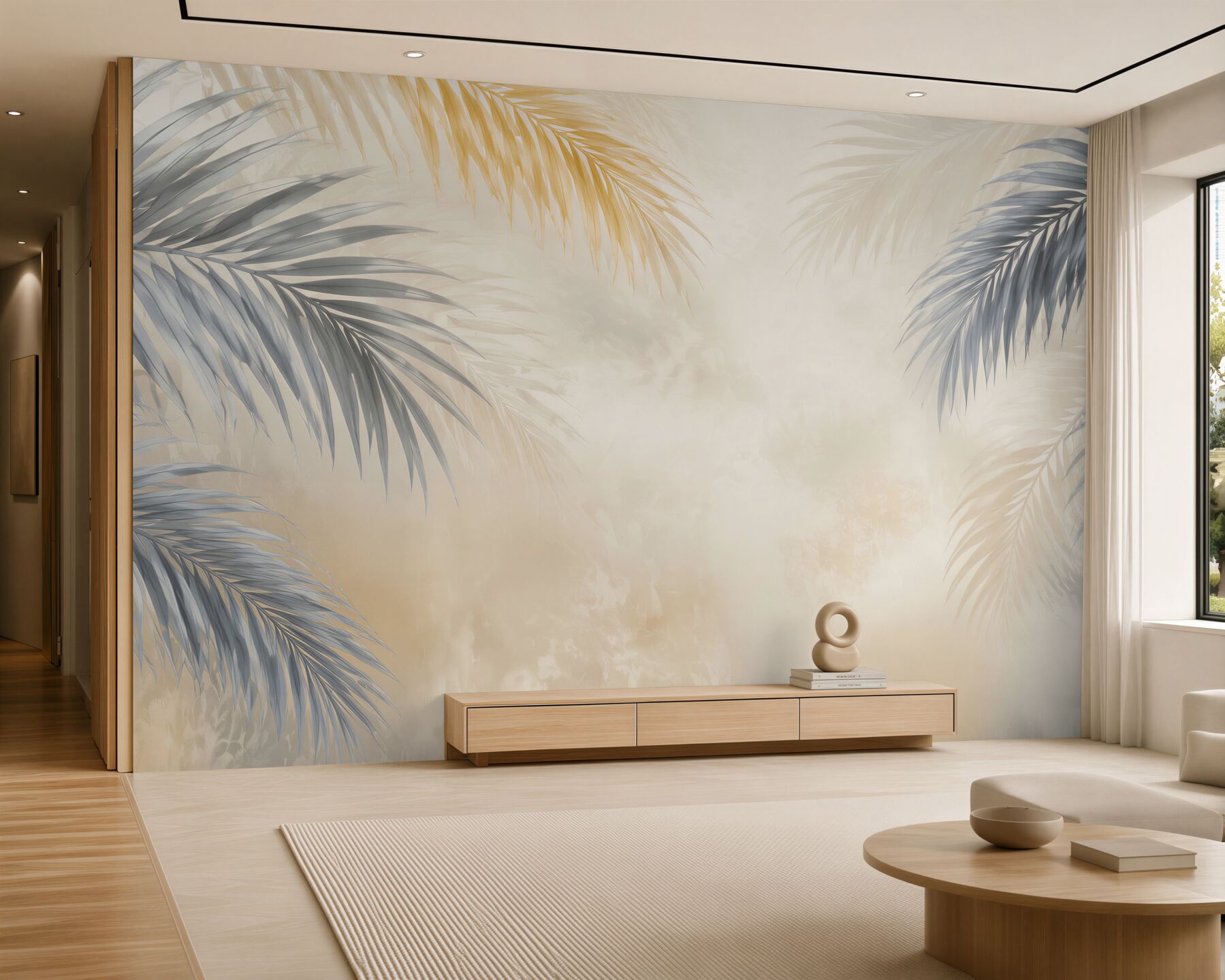 Fototapeta szare liście palmowe z beżowym tłem nowoczesny styl tropical?v2345