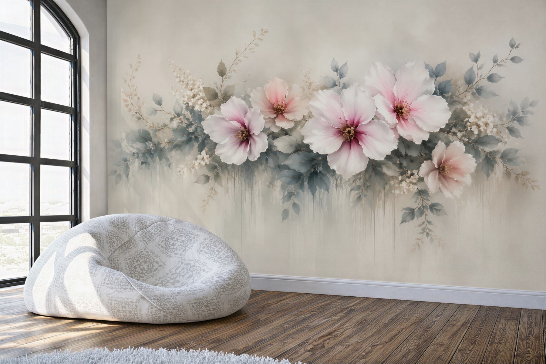 Fototapeta duże kwiaty hibiskusa pudrowy róż i szare liście elegancka?v2345