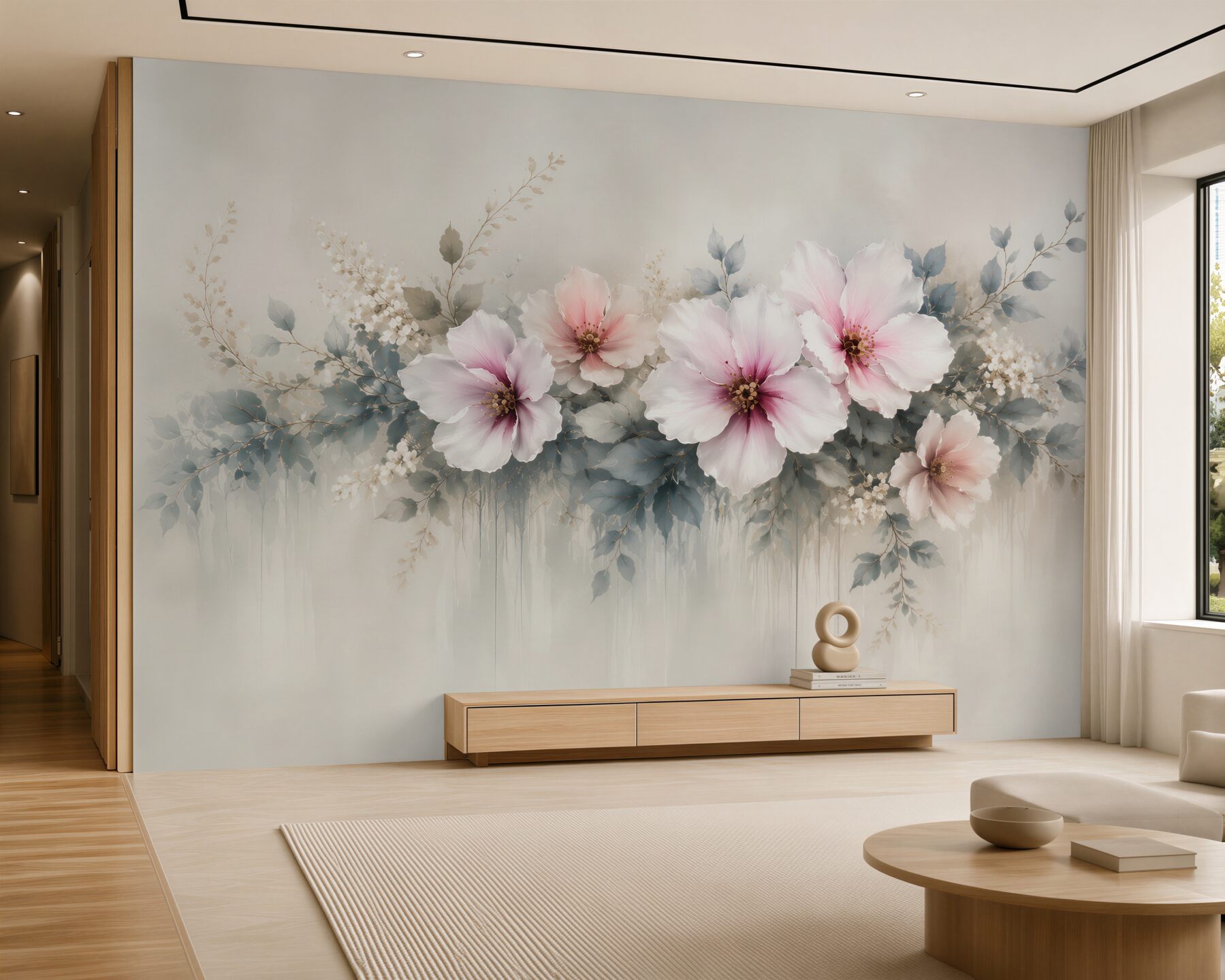 Fototapeta duże kwiaty hibiskusa pudrowy róż i szare liście elegancka?v2345