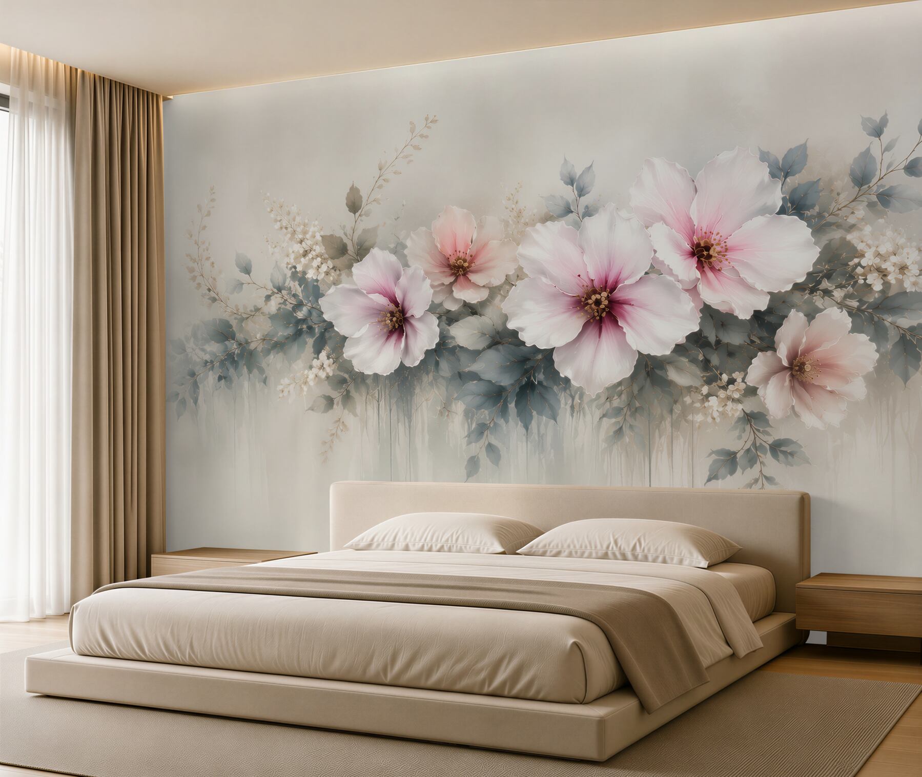 Fototapeta duże kwiaty hibiskusa pudrowy róż i szare liście elegancka