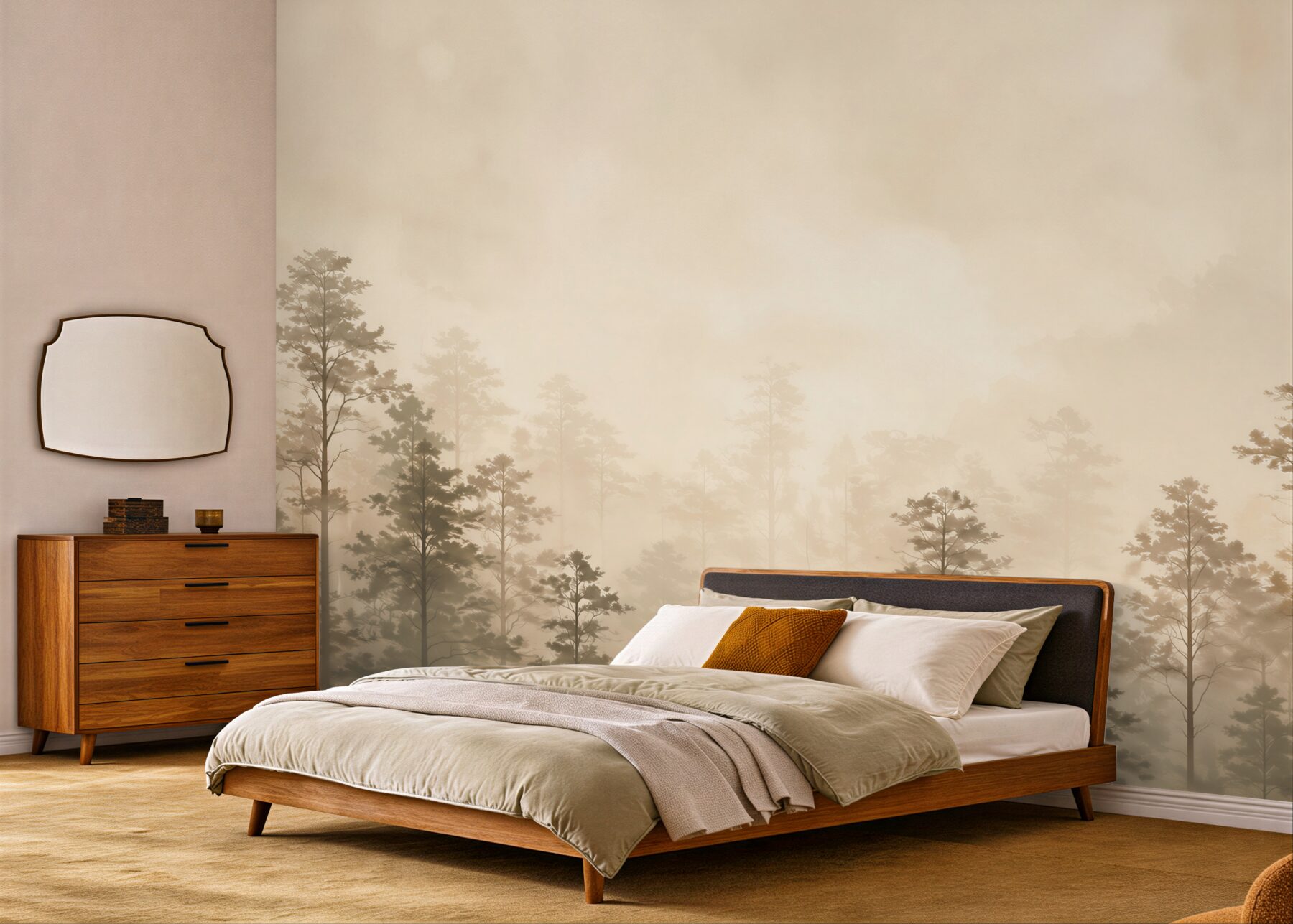Fototapeta sosnowy las we mgle w jasnych sepia tonach
