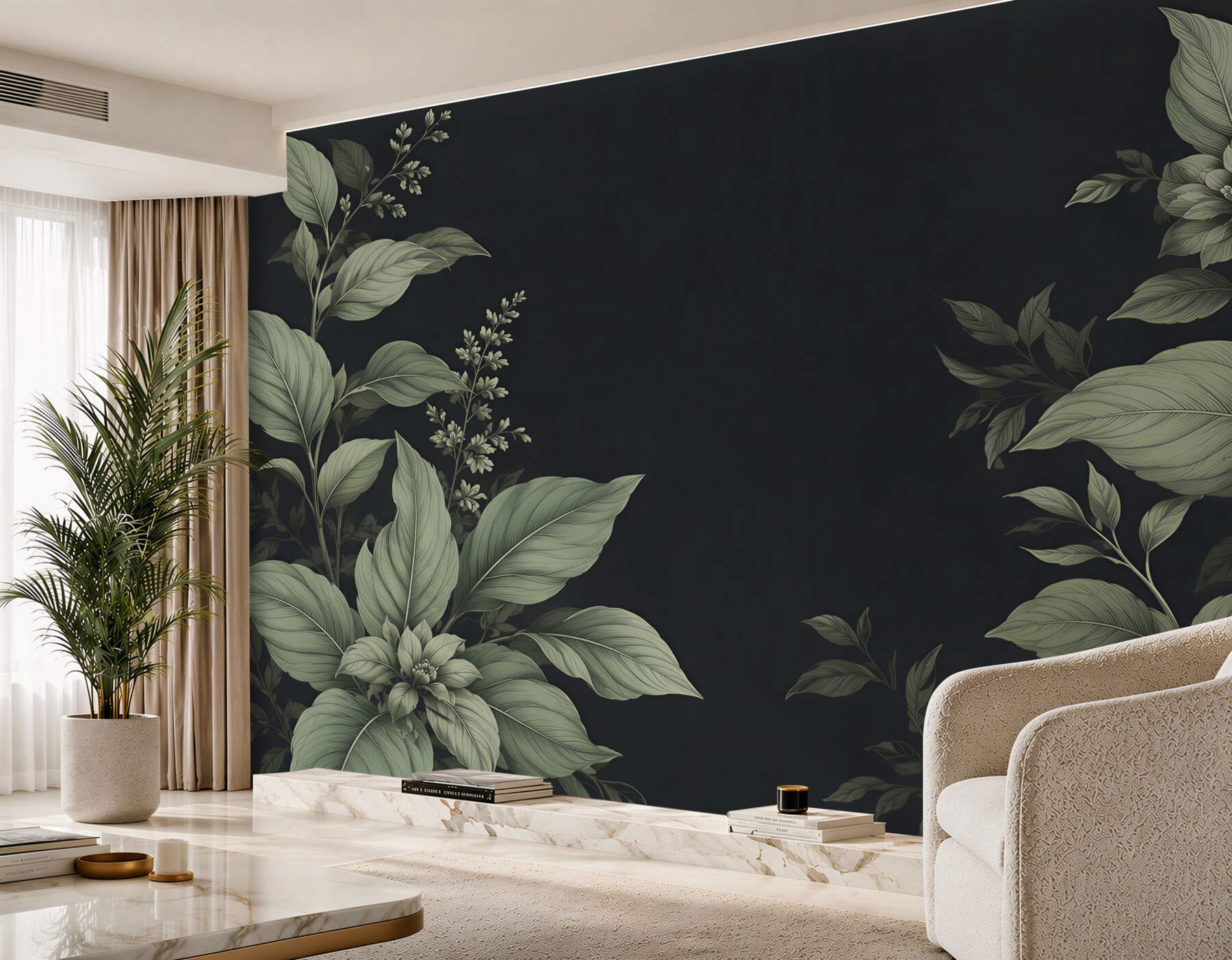 Fototapeta botaniczne liście i kwiaty na ciemnym tle elegancka?v2345