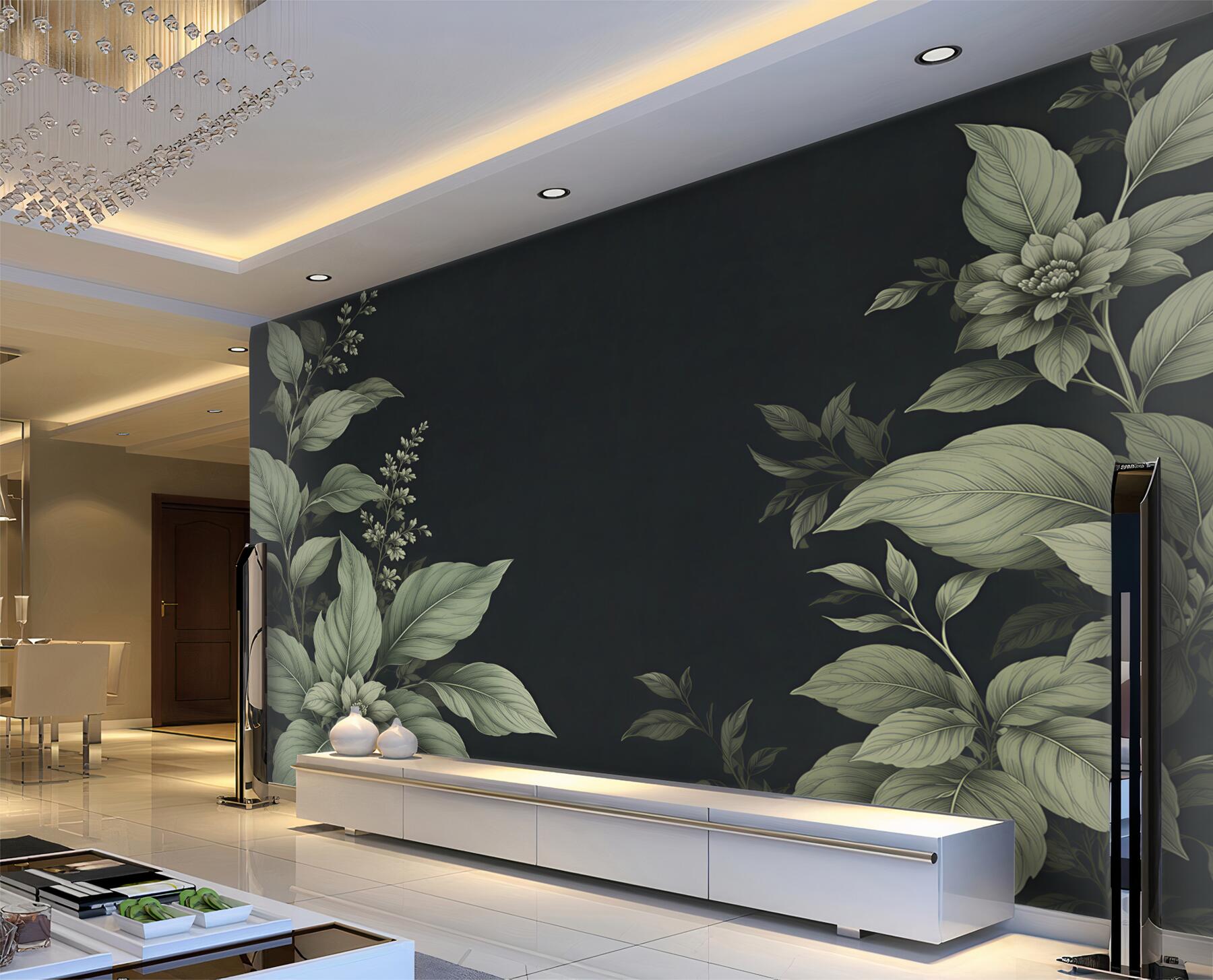 Fototapeta botaniczne liście i kwiaty na ciemnym tle elegancka?v2345