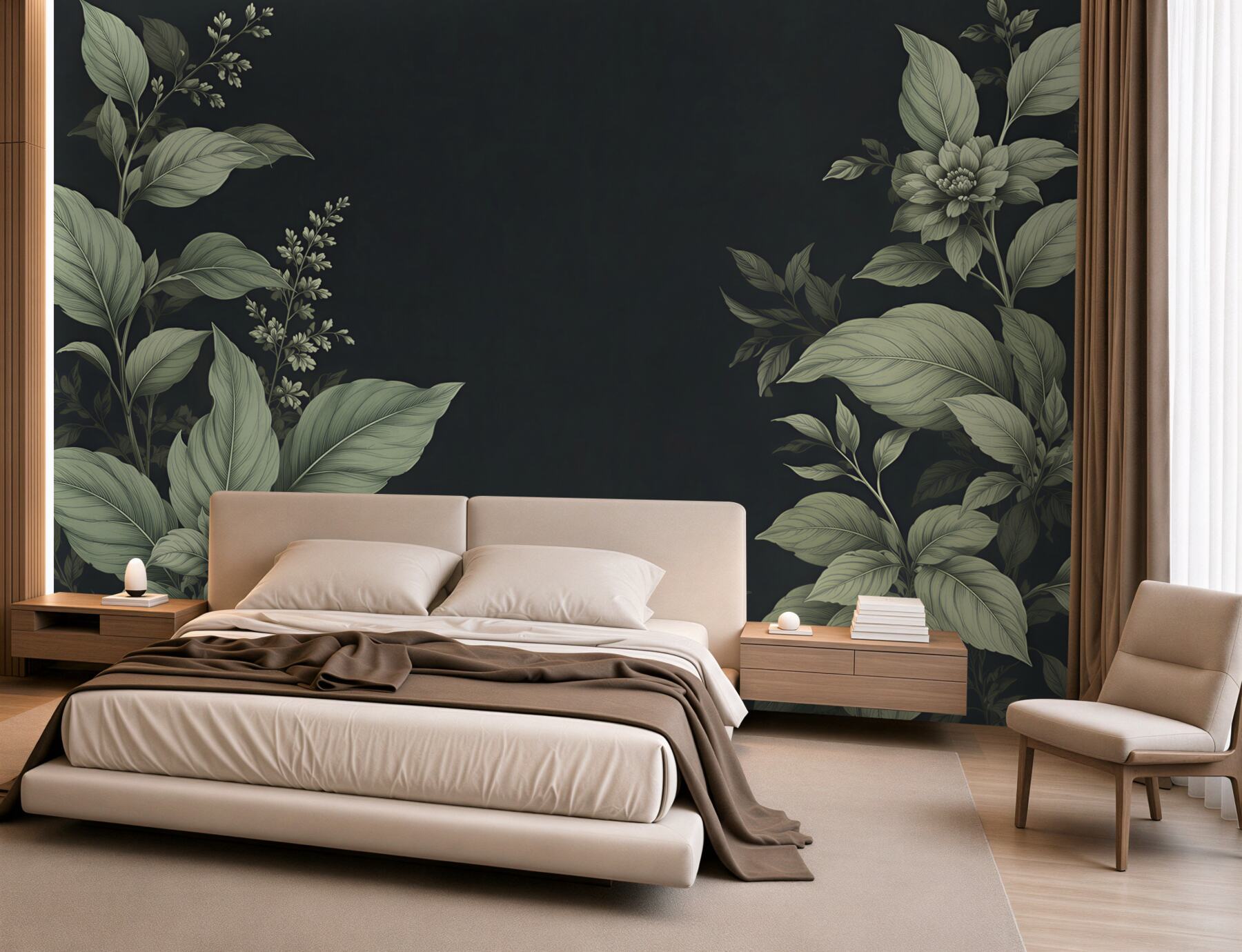 Fototapeta botaniczne liście i kwiaty na ciemnym tle elegancka?v2345